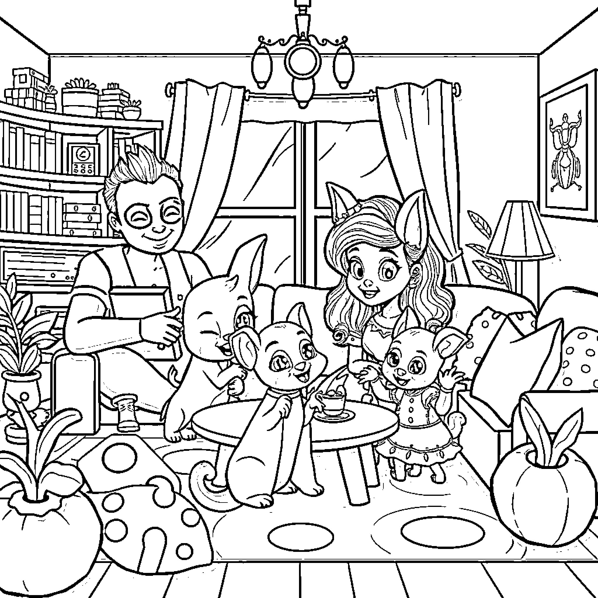 Bluey's Family Gathering at Home Coloring Page (free black-and-white line drawing printable PDF for all, from beginners to advanced learners, including children, teens, adults, and seniors)