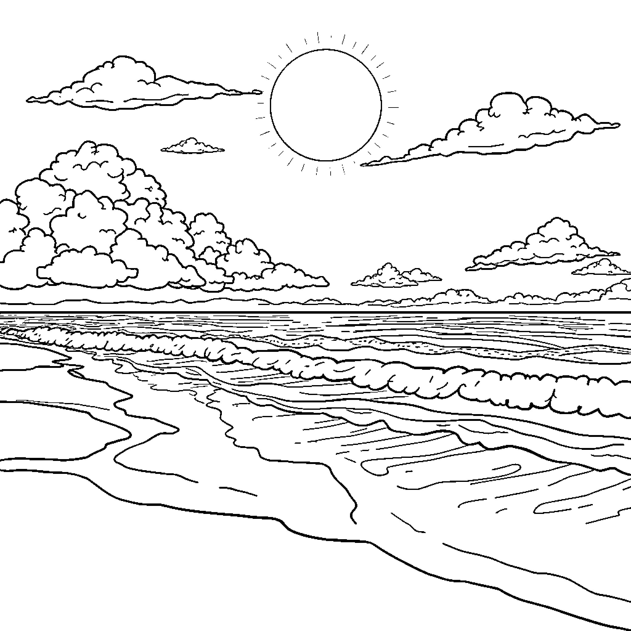 Beach scene with clouds and sun Coloring Page (free black-and-white line drawing printable PDF for all, from beginners to advanced learners, including children, teens, adults, and seniors)