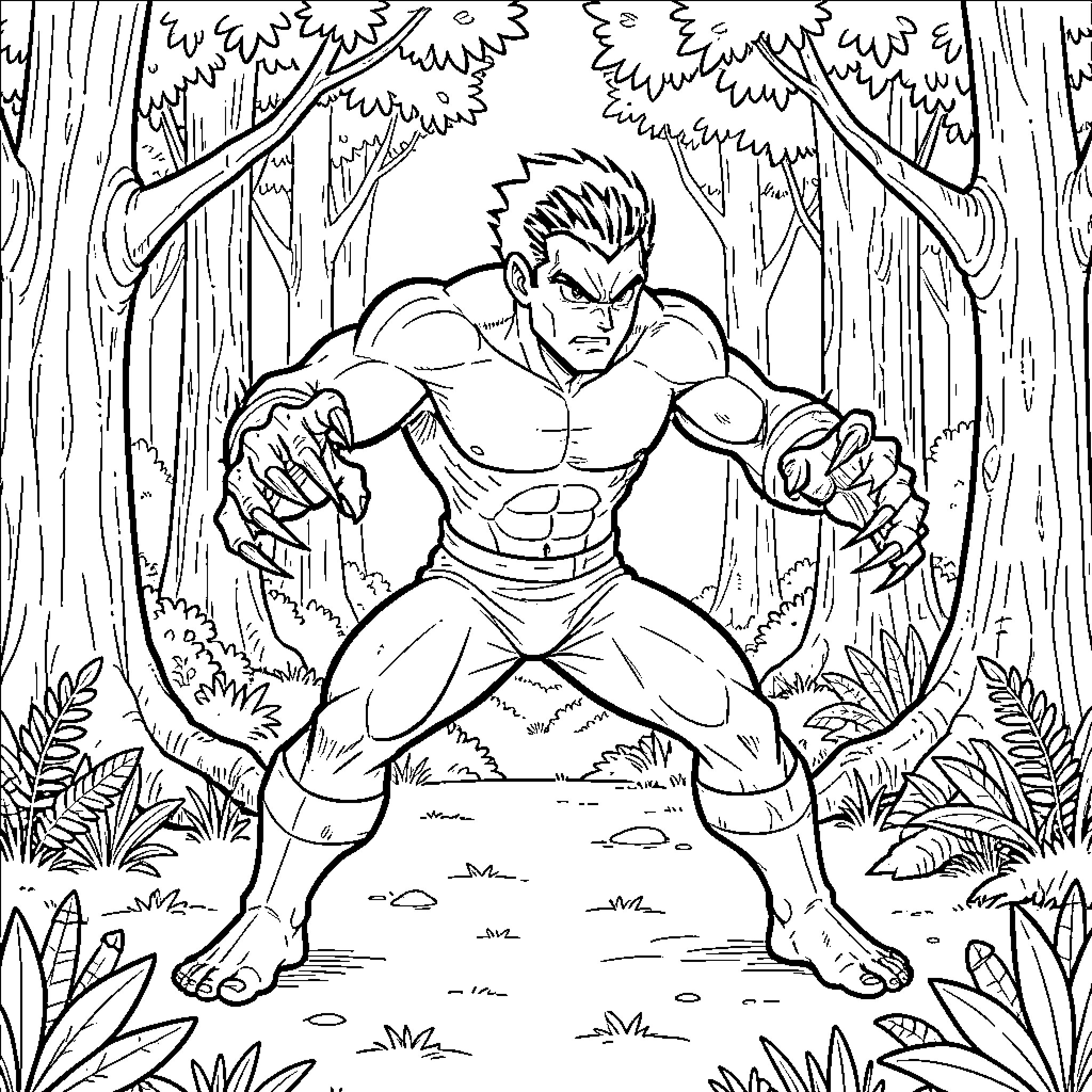 Wolf warrior standing tall in the forest Coloring Page (free black-and-white line drawing printable PDF for all, from beginners to advanced learners, including children, teens, adults, and seniors)