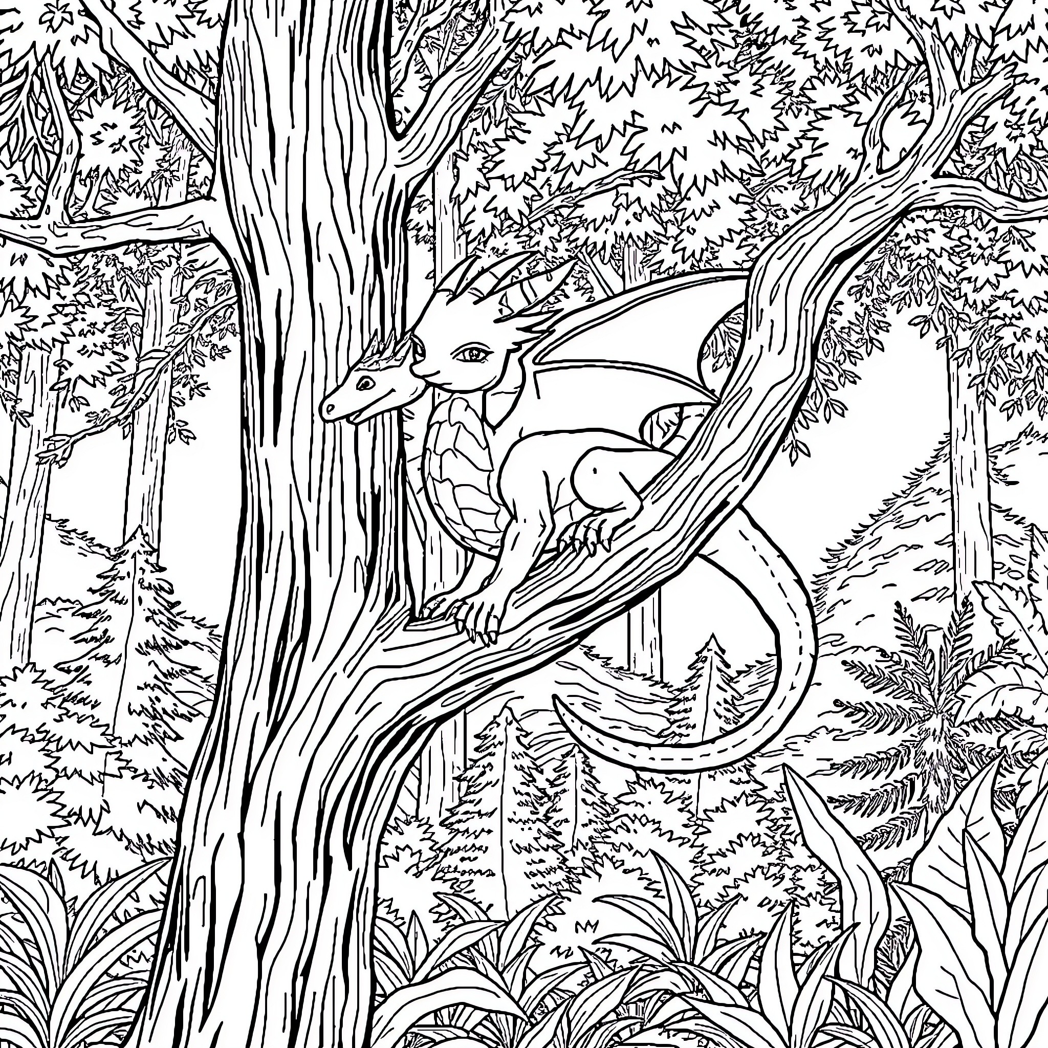 Dragon resting on a tree in the forest Coloring Page (free black-and-white line drawing printable PDF for all, from beginners to advanced learners, including children, teens, adults, and seniors)