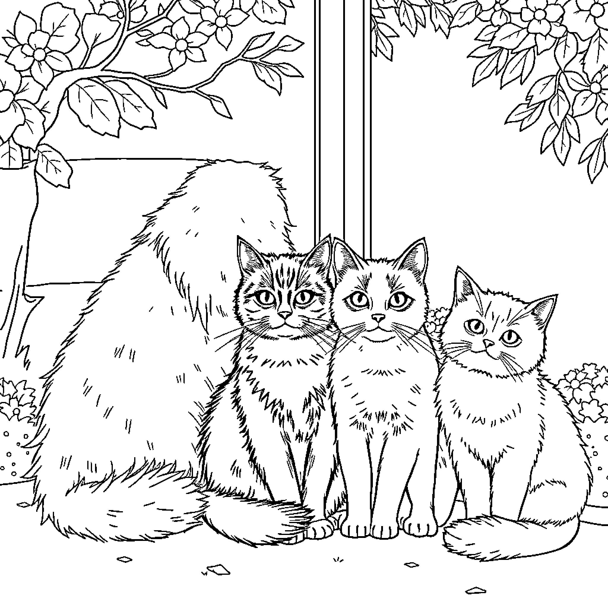 Cat Family Enjoying Flowers Coloring Page (free black-and-white line drawing printable PDF for all, from beginners to advanced learners, including children, teens, adults, and seniors)