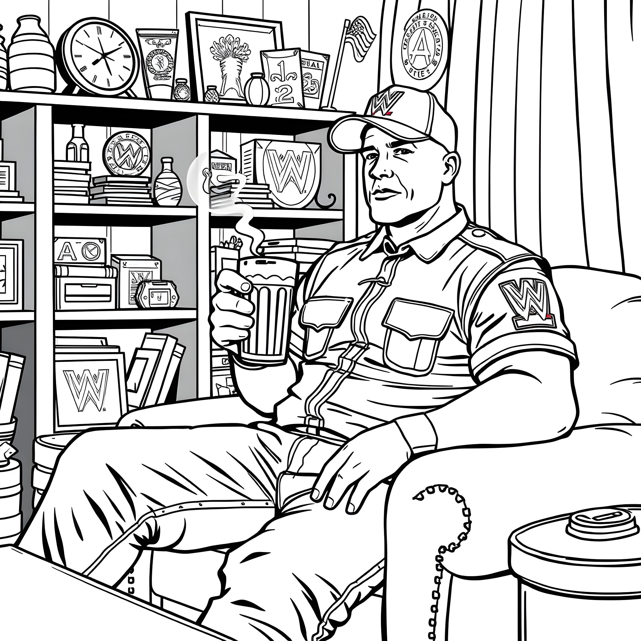 John Cena relaxing in his office with wrestling memorabilia Coloring Page (free black-and-white line drawing printable PDF for all, from beginners to advanced learners, including children, teens, adults, and seniors)