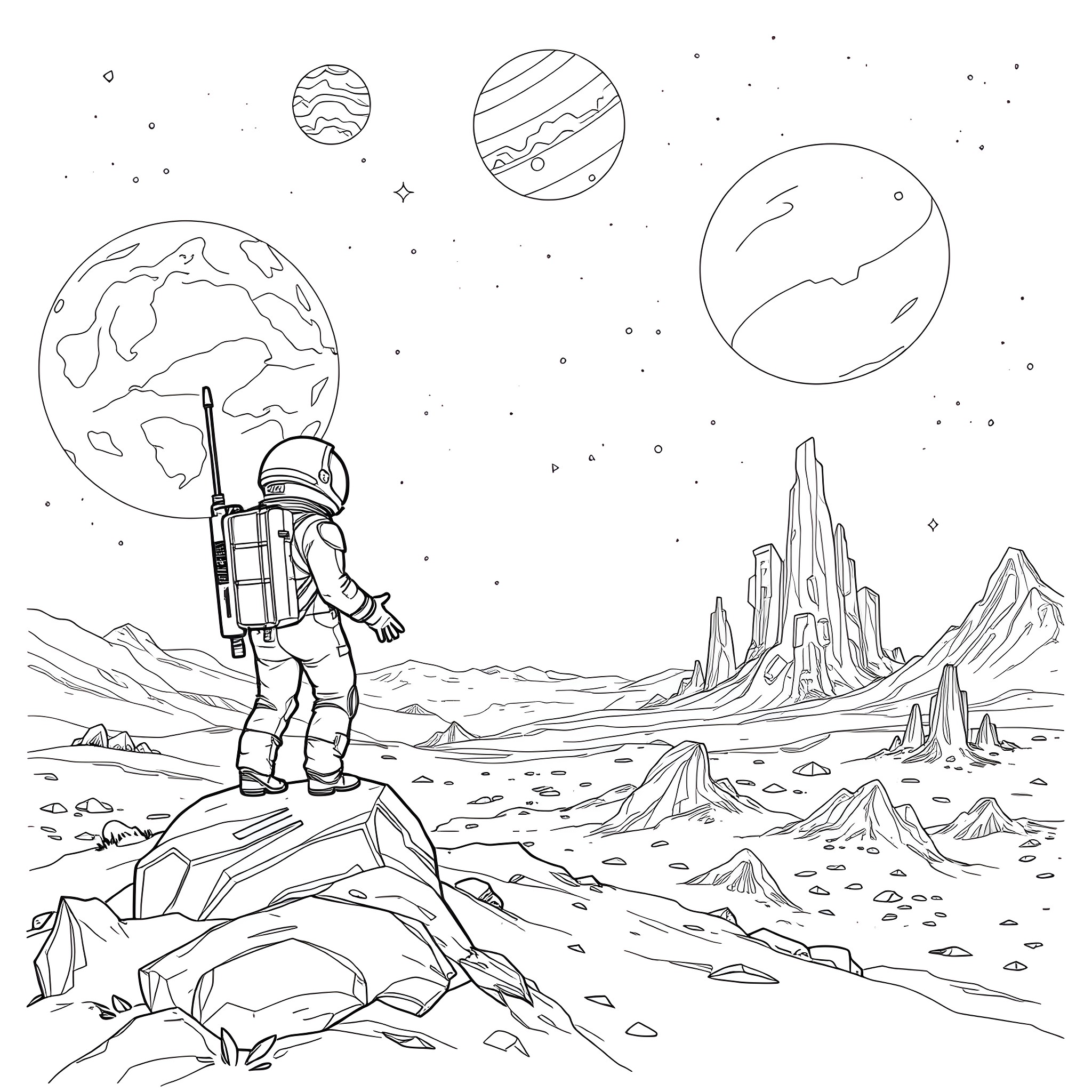 Astronaut exploring a distant alien landscape Coloring Page (free black-and-white line drawing printable PDF for all, from beginners to advanced learners, including children, teens, adults, and seniors)