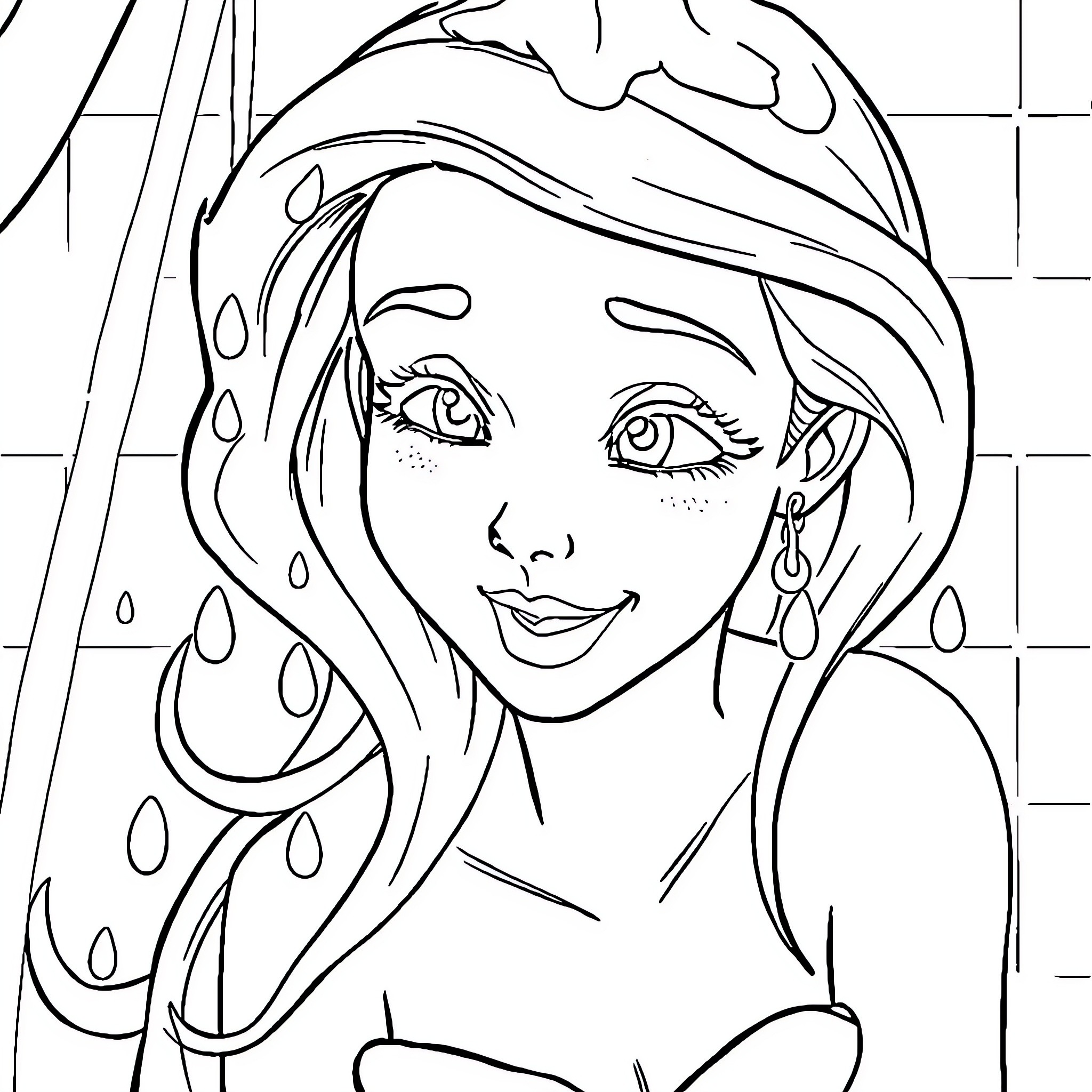 Ariel singing in the rain Coloring Page (free black-and-white line drawing printable PDF for all, from beginners to advanced learners, including children, teens, adults, and seniors)