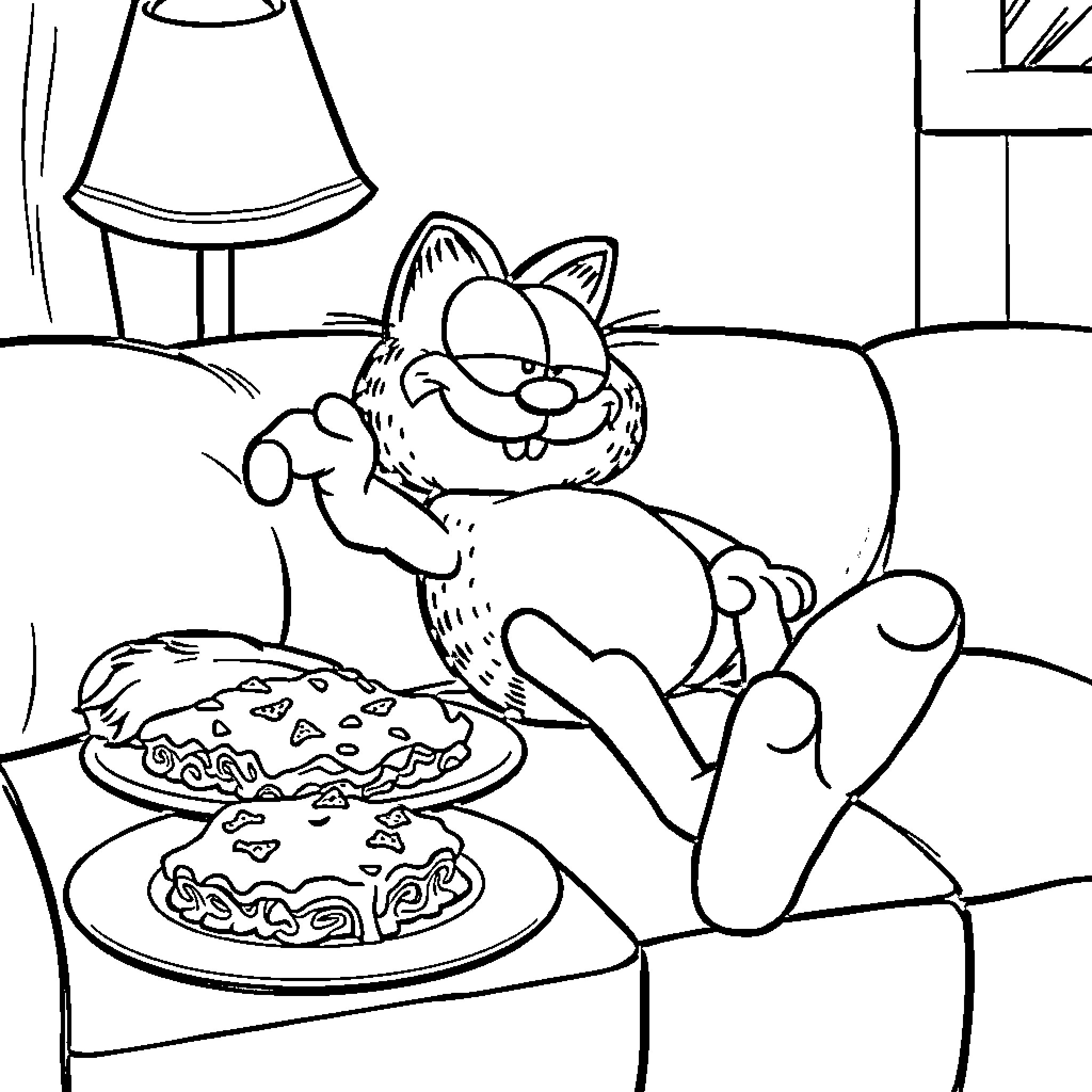 Garfield enjoying a tasty pie in his cozy home Coloring Page (free black-and-white line drawing printable PDF for all, from beginners to advanced learners, including children, teens, adults, and seniors)