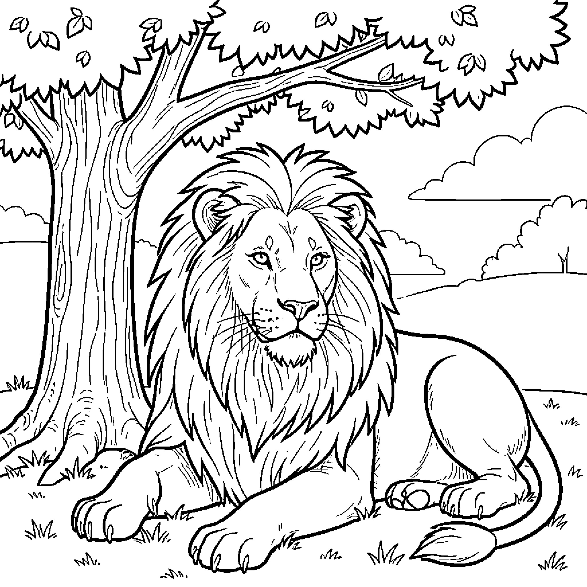 Lion resting peacefully in the wilderness Coloring Page (free black-and-white line drawing printable PDF for all, from beginners to advanced learners, including children, teens, adults, and seniors)