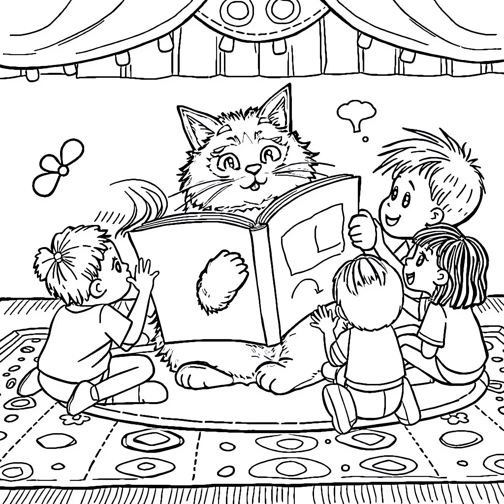 Cat reading a book to children at the circus Coloring Page (free black-and-white line drawing printable PDF for all, from beginners to advanced learners, including children, teens, adults, and seniors)