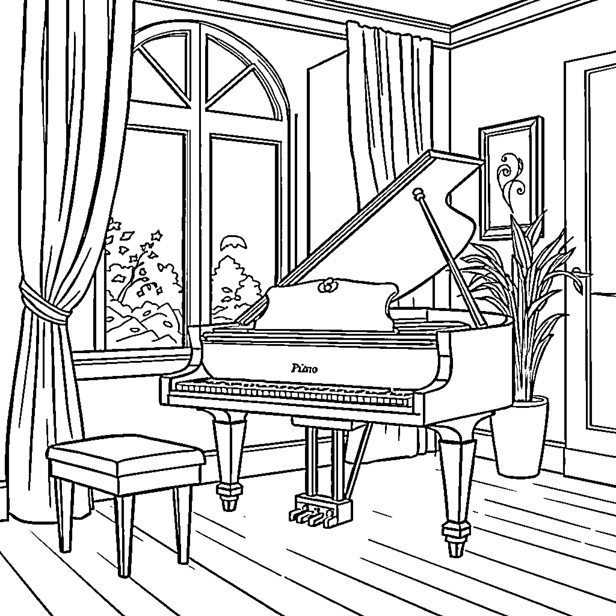 Piano in a Cozy Home Interior Coloring Page (free black-and-white line drawing printable PDF for all, from beginners to advanced learners, including children, teens, adults, and seniors)