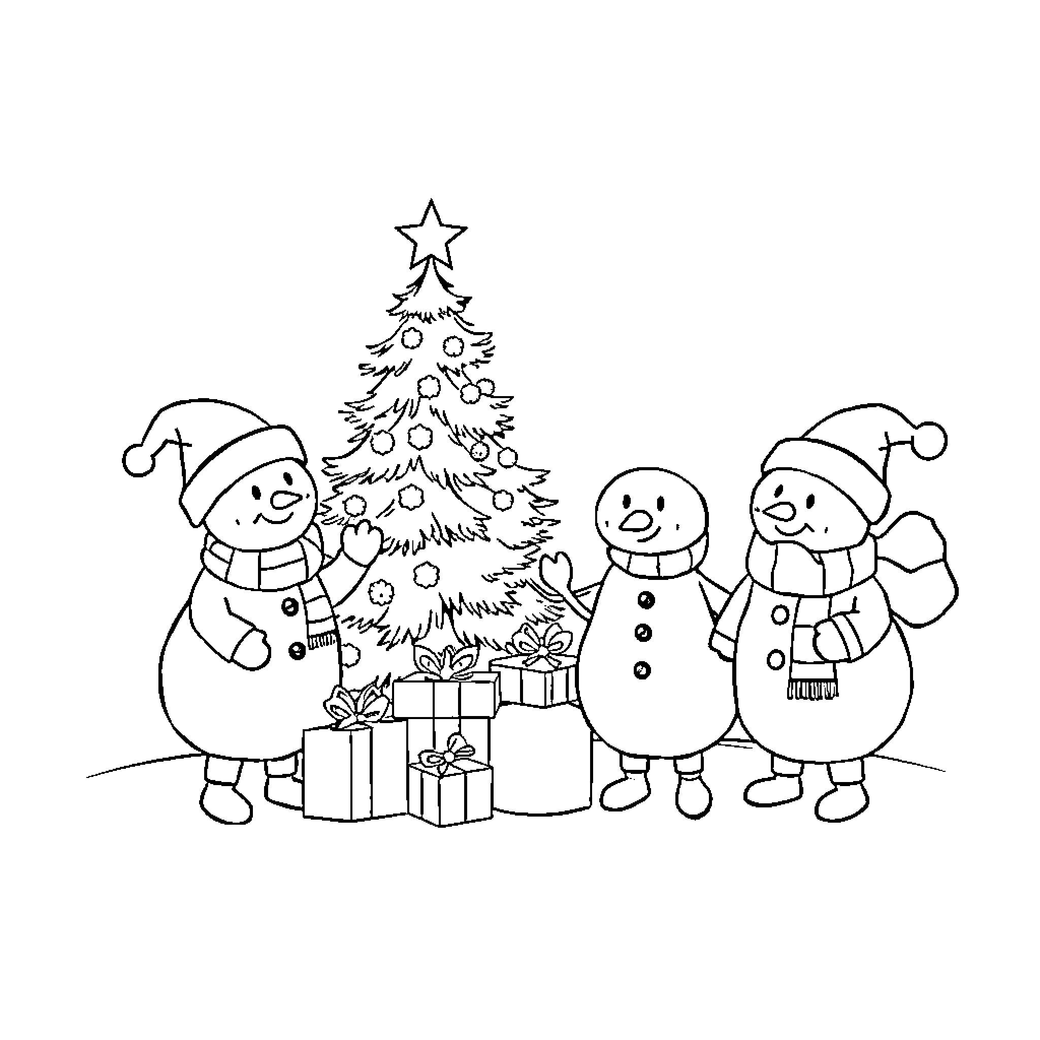 Christmas scene with snowmen and decorated tree Coloring Page (free black-and-white line drawing printable PDF for all, from beginners to advanced learners, including children, teens, adults, and seniors)
