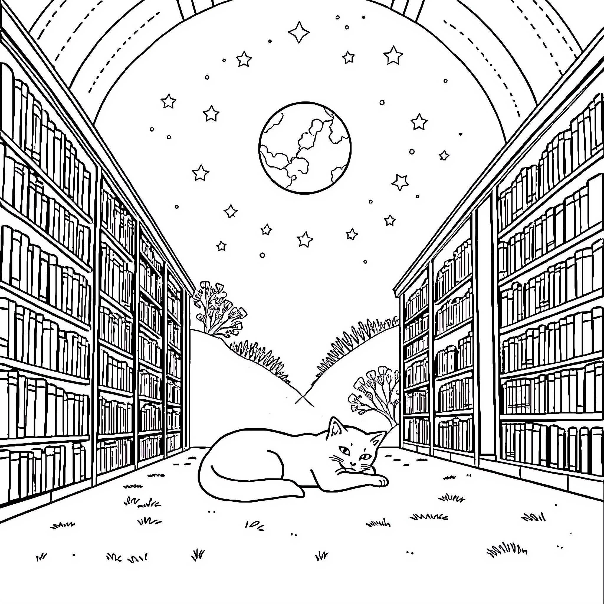 Cat resting peacefully in a magical library Coloring Page (free black-and-white line drawing printable PDF for all, from beginners to advanced learners, including children, teens, adults, and seniors)