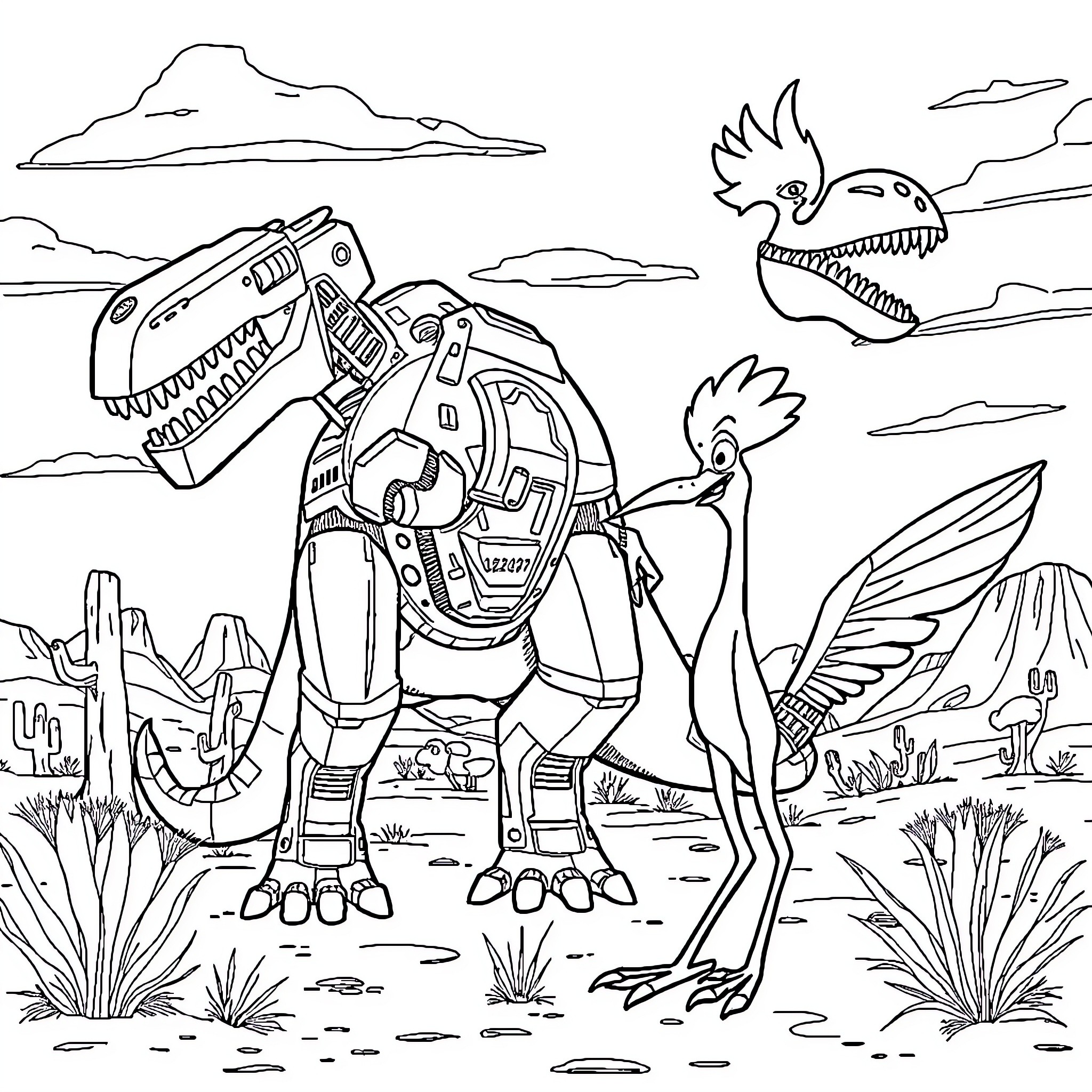 Dinosaur robots explore the prehistoric landscape Coloring Page (free black-and-white line drawing printable PDF for all, from beginners to advanced learners, including children, teens, adults, and seniors)
