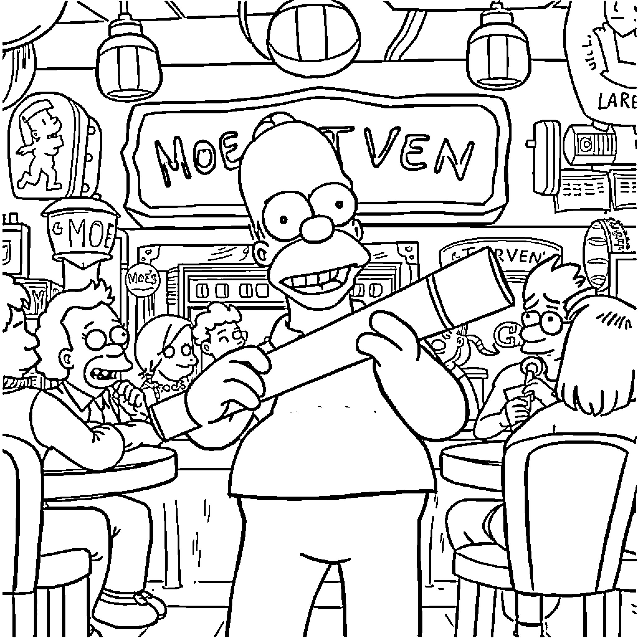 Homer Simpson enjoying a night out at a lively tavern Coloring Page (free black-and-white line drawing printable PDF for all, from beginners to advanced learners, including children, teens, adults, and seniors)