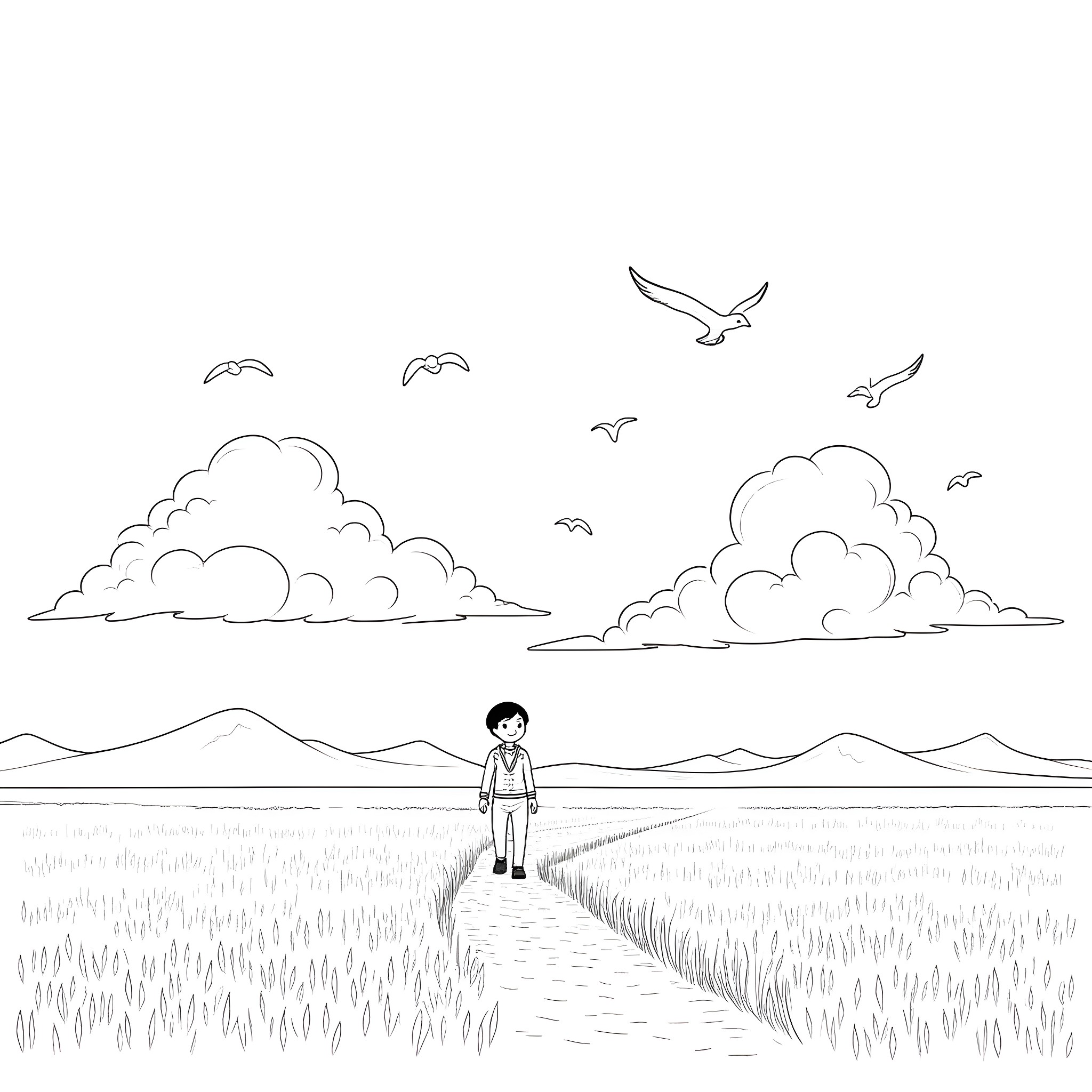 Calabo - Boy walking on a path in the countryside Coloring Page (free black-and-white line drawing printable PDF for all, from beginners to advanced learners, including children, teens, adults, and seniors)