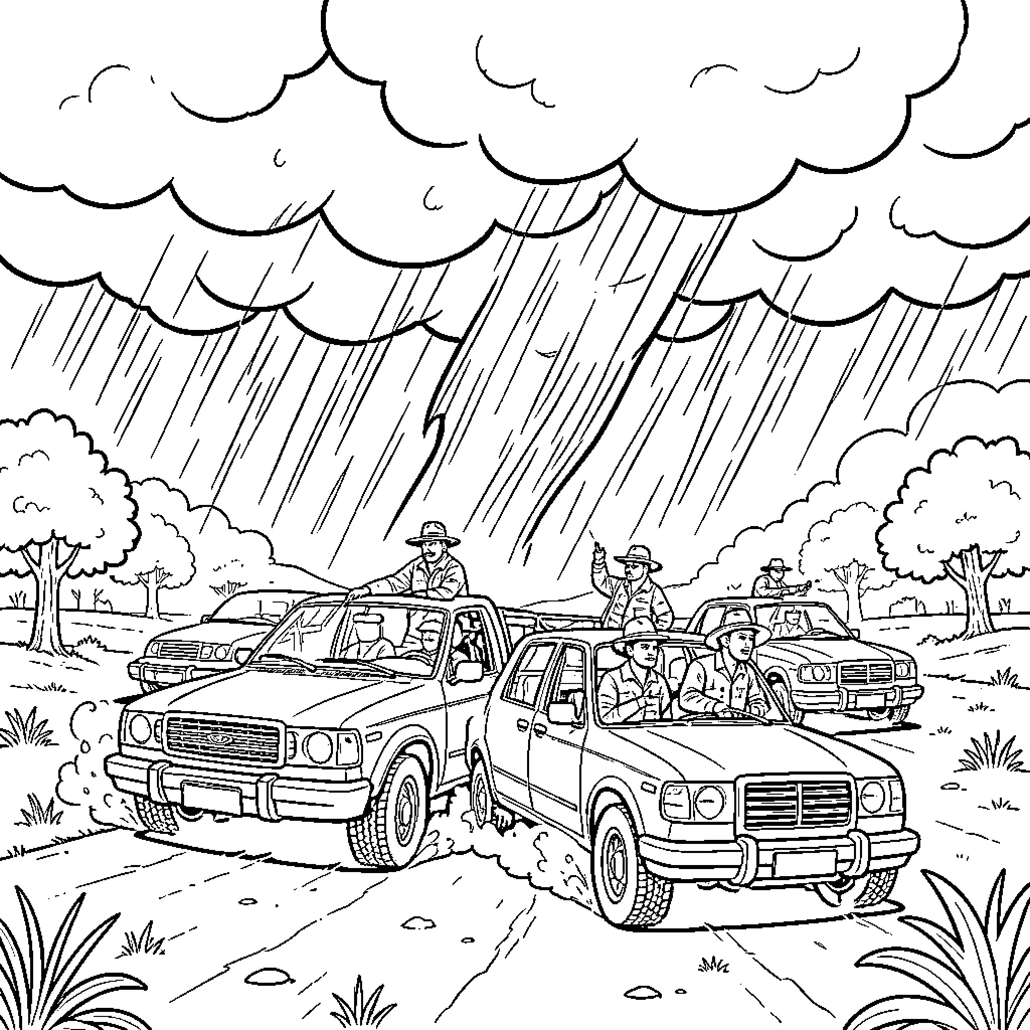 Tornado Hunter driving vehicles through intense storm Coloring Page (free black-and-white line drawing printable PDF for all, from beginners to advanced learners, including children, teens, adults, and seniors)