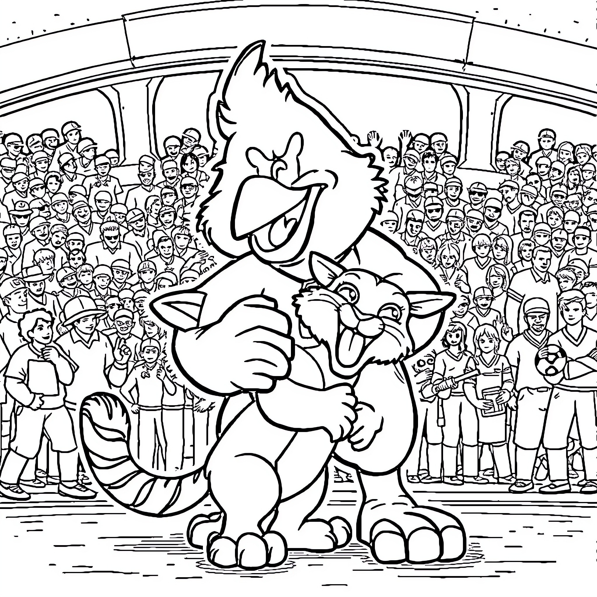 Cardinal in a Cheering Crowd Coloring Page (free black-and-white line drawing printable PDF for all, from beginners to advanced learners, including children, teens, adults, and seniors)