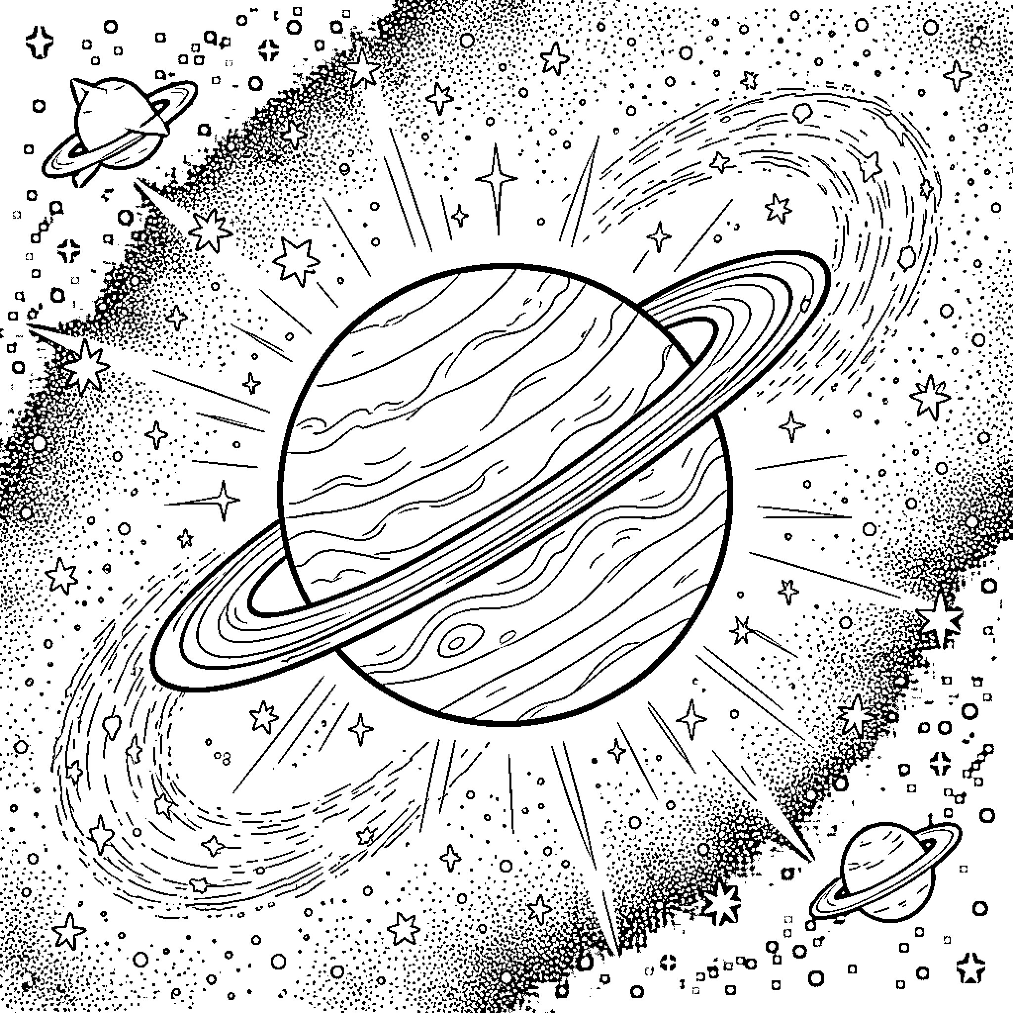 Planet Exploration in the Cosmic Galaxy Coloring Page (free black-and-white line drawing printable PDF for all, from beginners to advanced learners, including children, teens, adults, and seniors)