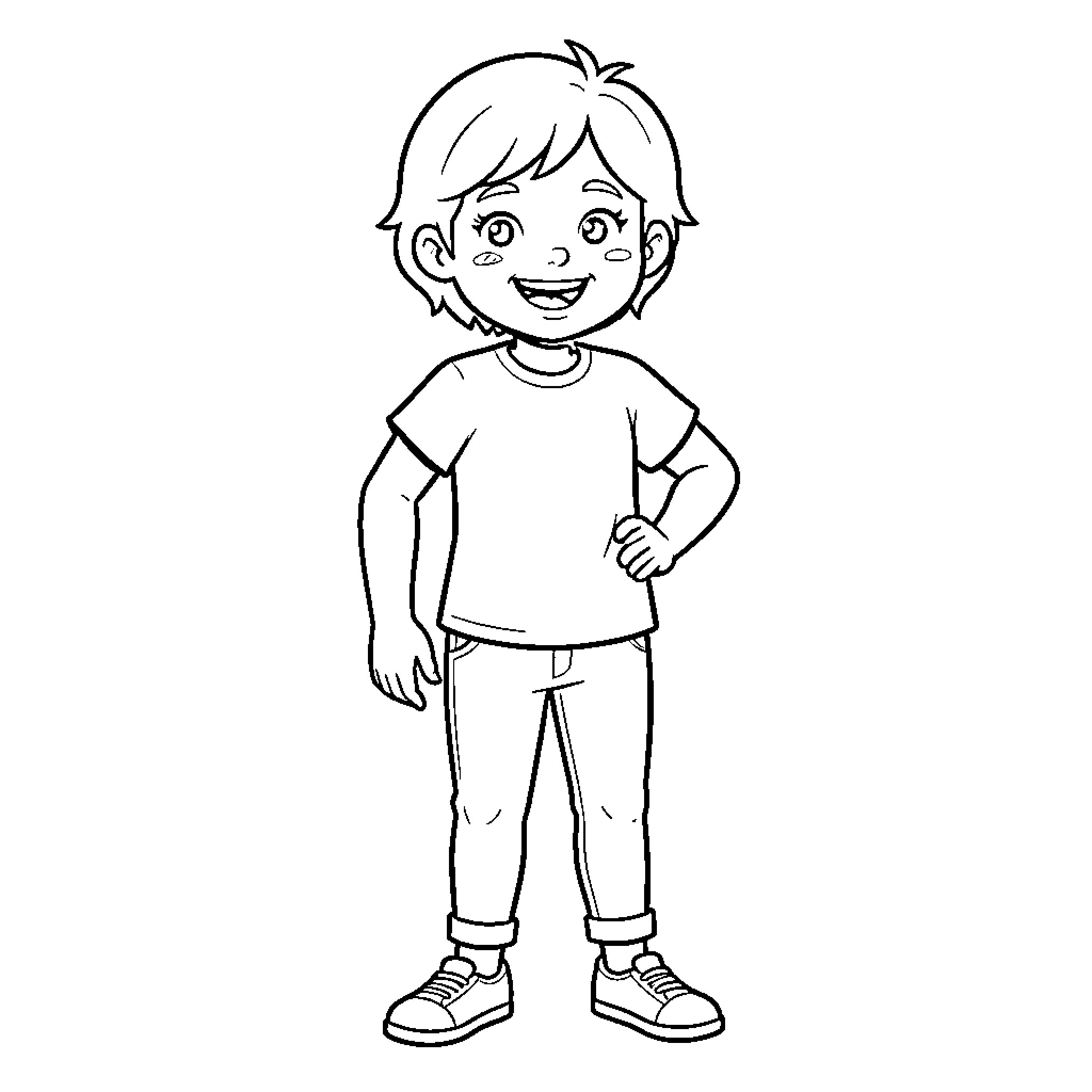 Pat standing confidently with a cheerful smile Coloring Page (free black-and-white line drawing printable PDF for all, from beginners to advanced learners, including children, teens, adults, and seniors)