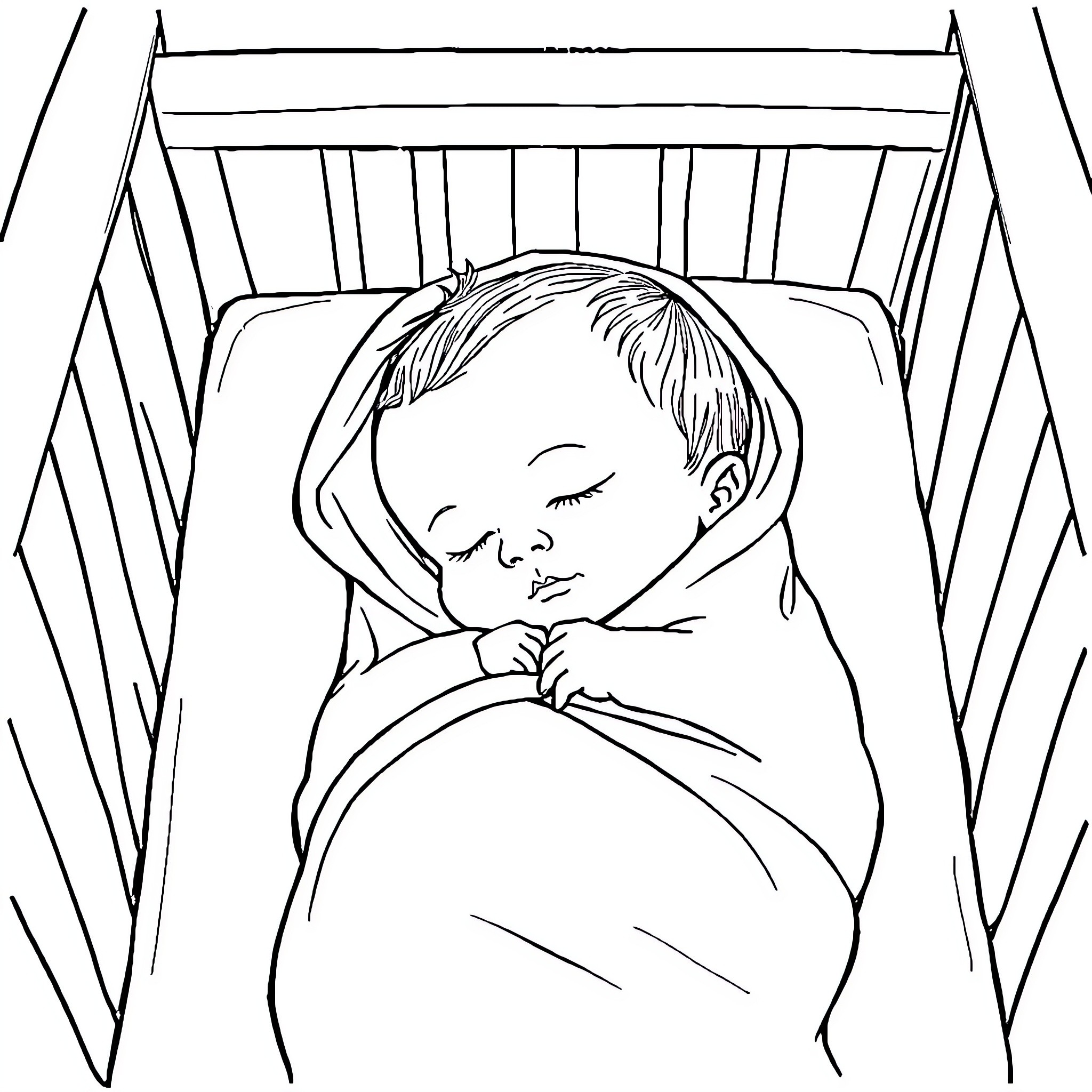 Baby sleeping peacefully in crib Coloring Page (free black-and-white line drawing printable PDF for all, from beginners to advanced learners, including children, teens, adults, and seniors)
