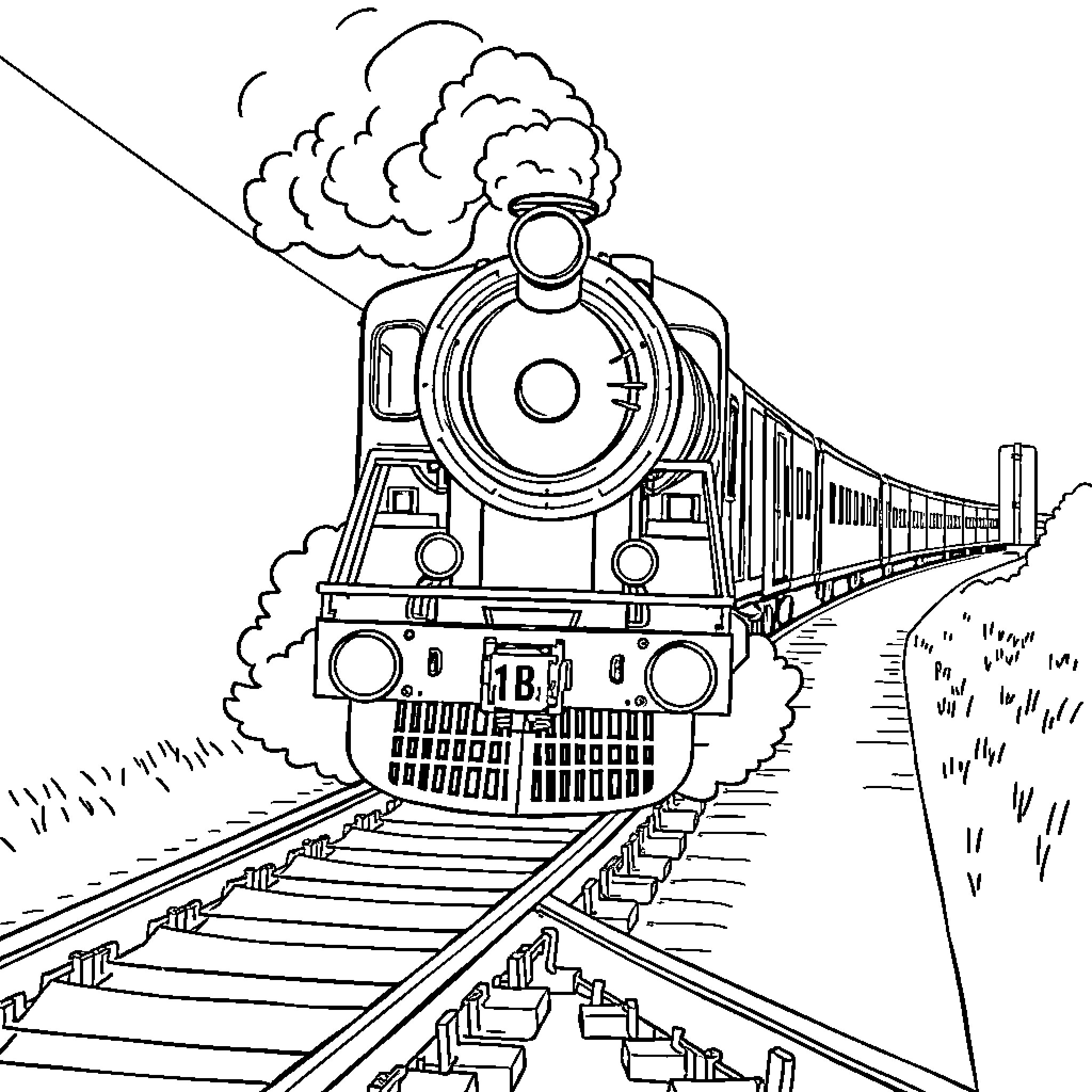 Train Traveling Through Scenic Countryside Coloring Page (free black-and-white line drawing printable PDF for all, from beginners to advanced learners, including children, teens, adults, and seniors)