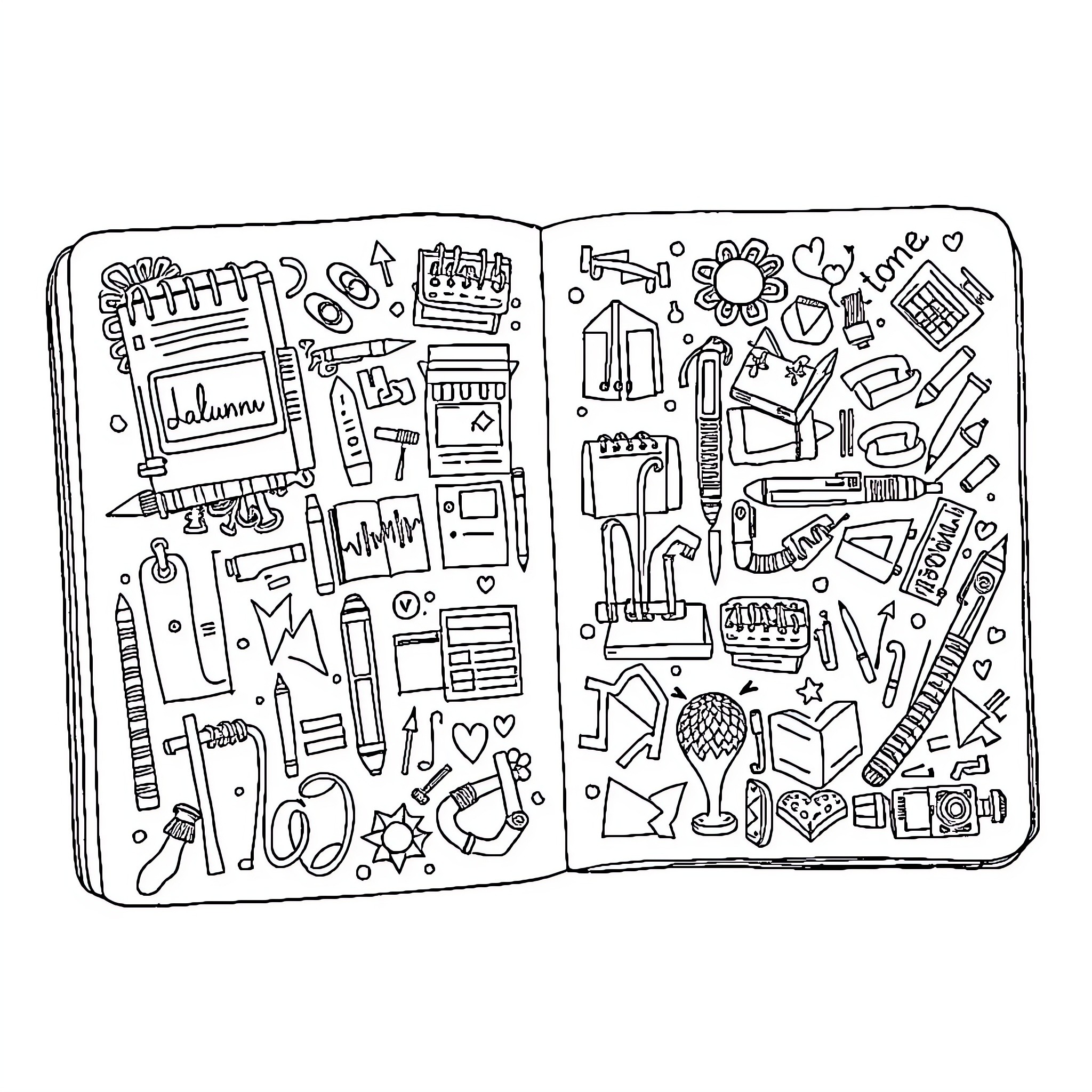 Notebook of Doodles and Sketches Coloring Page (free black-and-white line drawing printable PDF for all, from beginners to advanced learners, including children, teens, adults, and seniors)