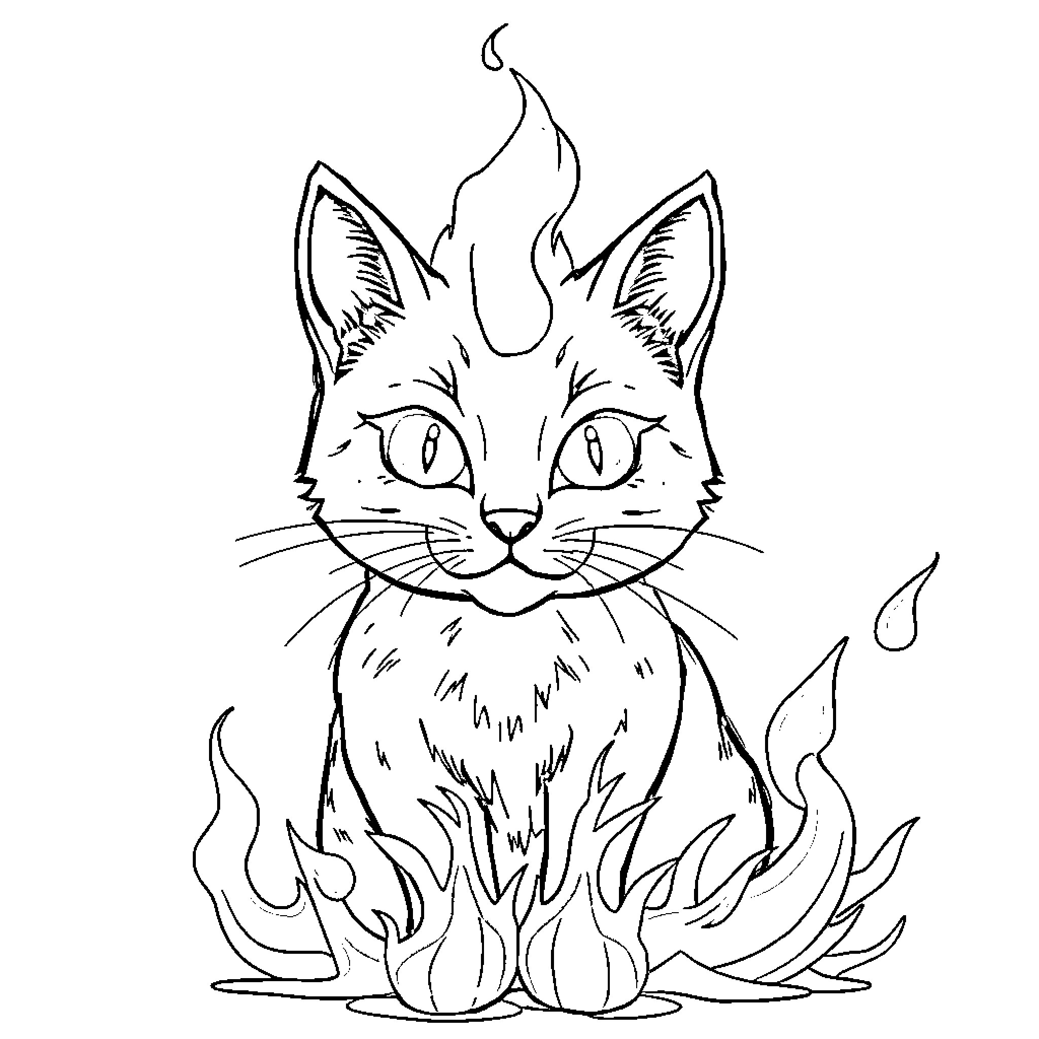 Fire Cat Surrounded by Flames Coloring Page (free black-and-white line drawing printable PDF for all, from beginners to advanced learners, including children, teens, adults, and seniors)
