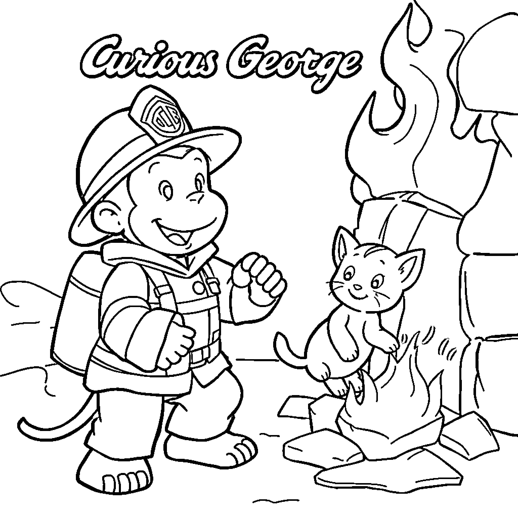 Curious George Explores the Outdoors with a Cat Coloring Page (free black-and-white line drawing printable PDF for all, from beginners to advanced learners, including children, teens, adults, and seniors)