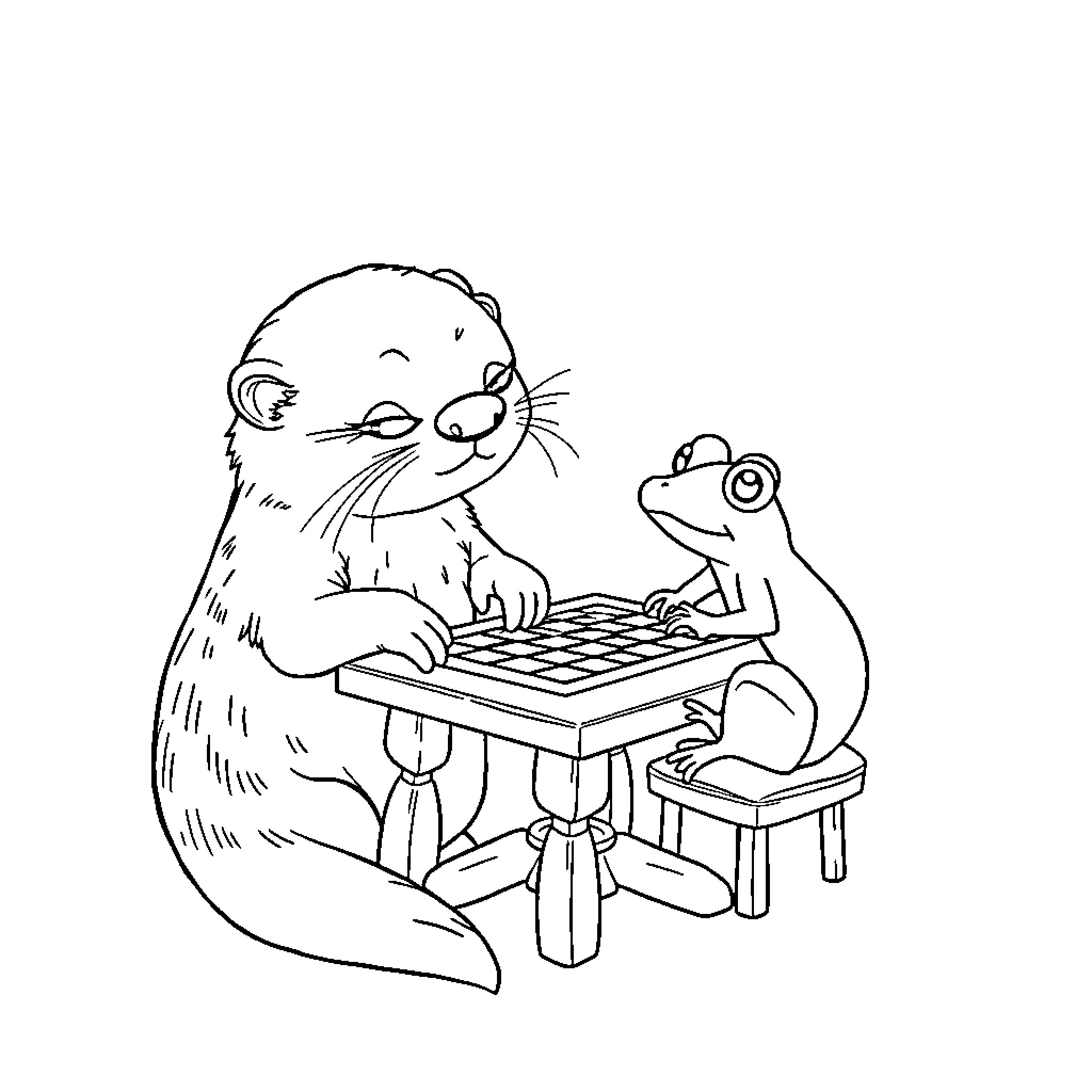 Otter playing chess with frog companion Coloring Page (free black-and-white line drawing printable PDF for all, from beginners to advanced learners, including children, teens, adults, and seniors)