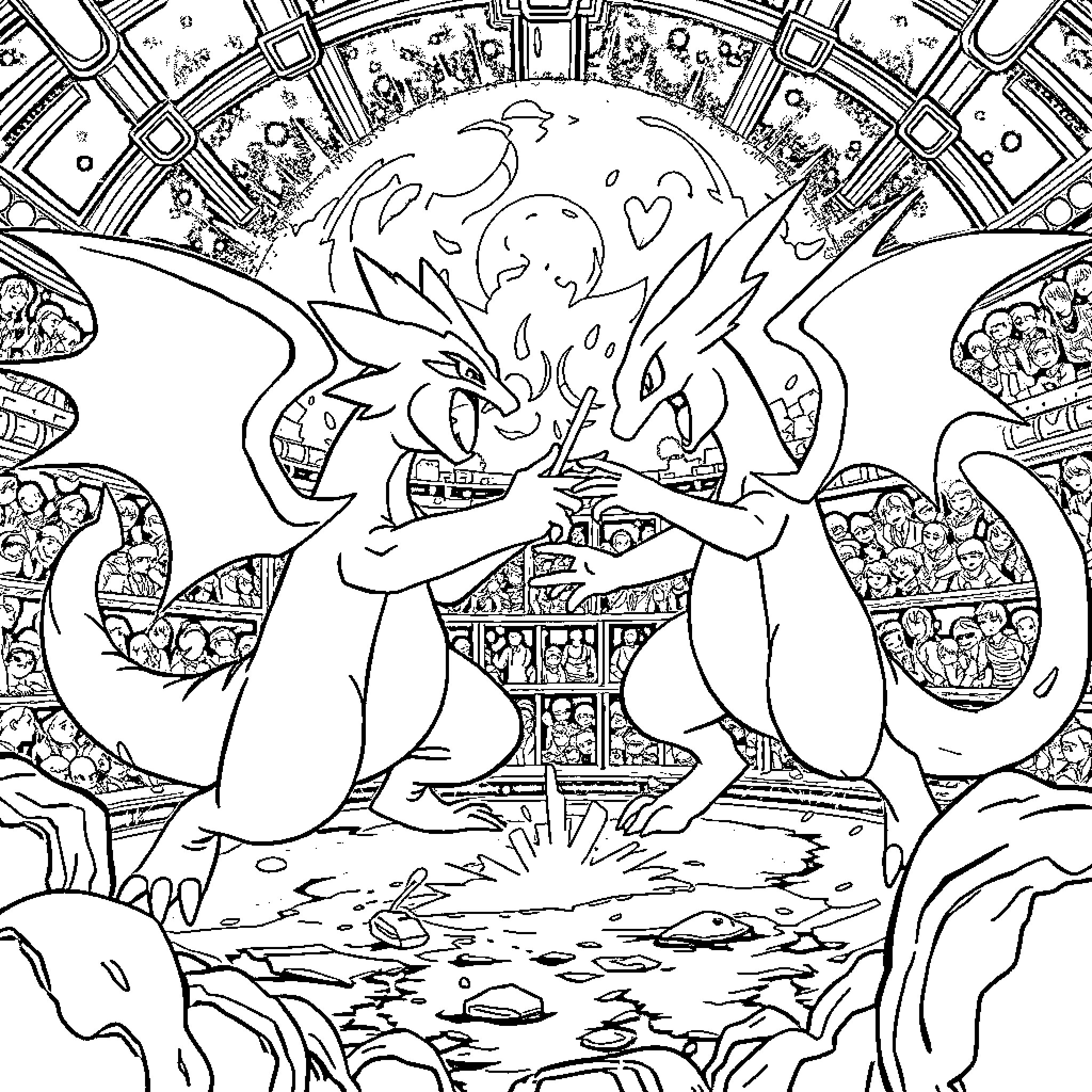 Pokémon Chaotic Battle in Fantastical Realm Coloring Page (free black-and-white line drawing printable PDF for all, from beginners to advanced learners, including children, teens, adults, and seniors)
