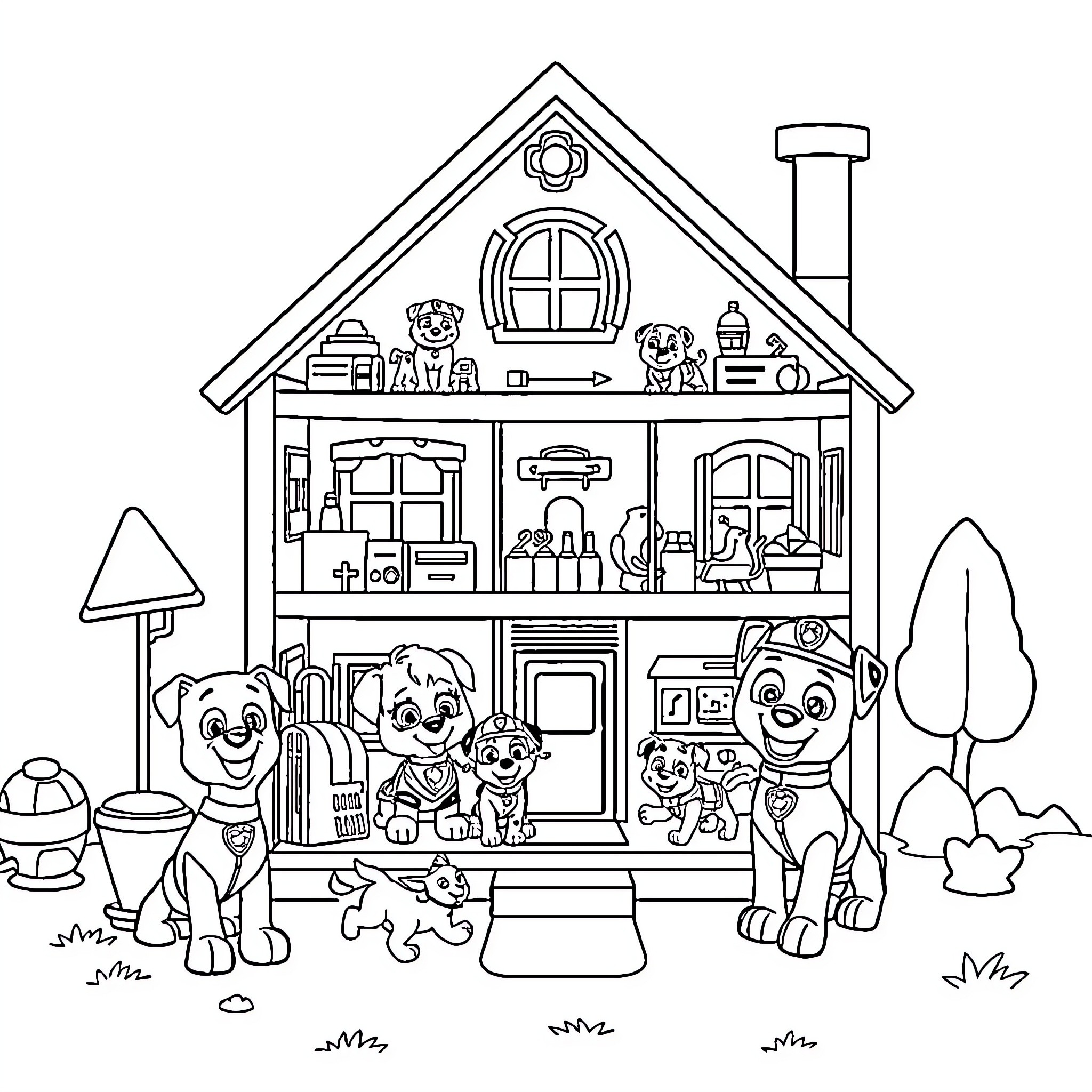 Dollhouse filled with playful puppies and accessories Coloring Page (free black-and-white line drawing printable PDF for all, from beginners to advanced learners, including children, teens, adults, and seniors)