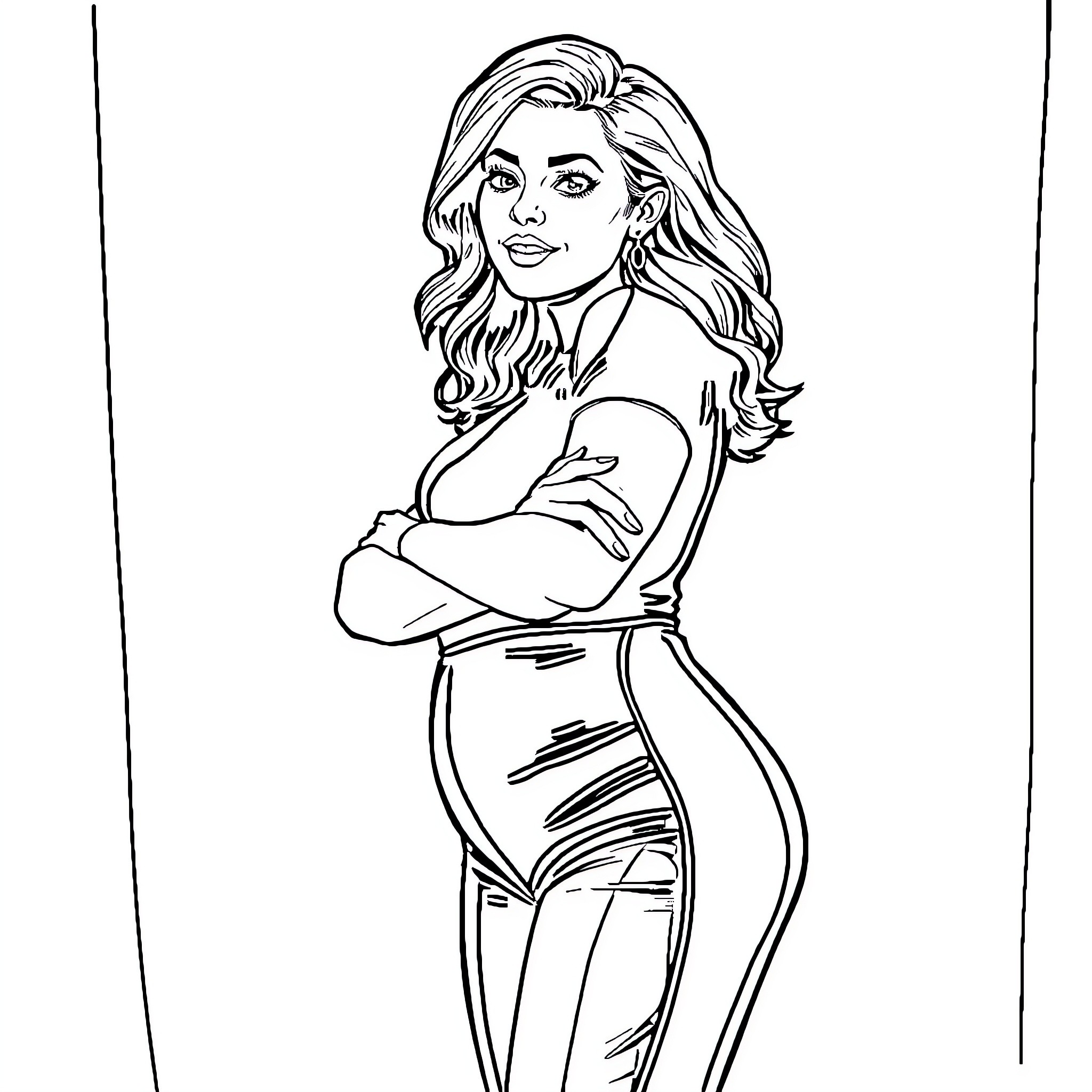 Sabrina Carpenter standing confidently in stylish outfit Coloring Page (free black-and-white line drawing printable PDF for all, from beginners to advanced learners, including children, teens, adults, and seniors)