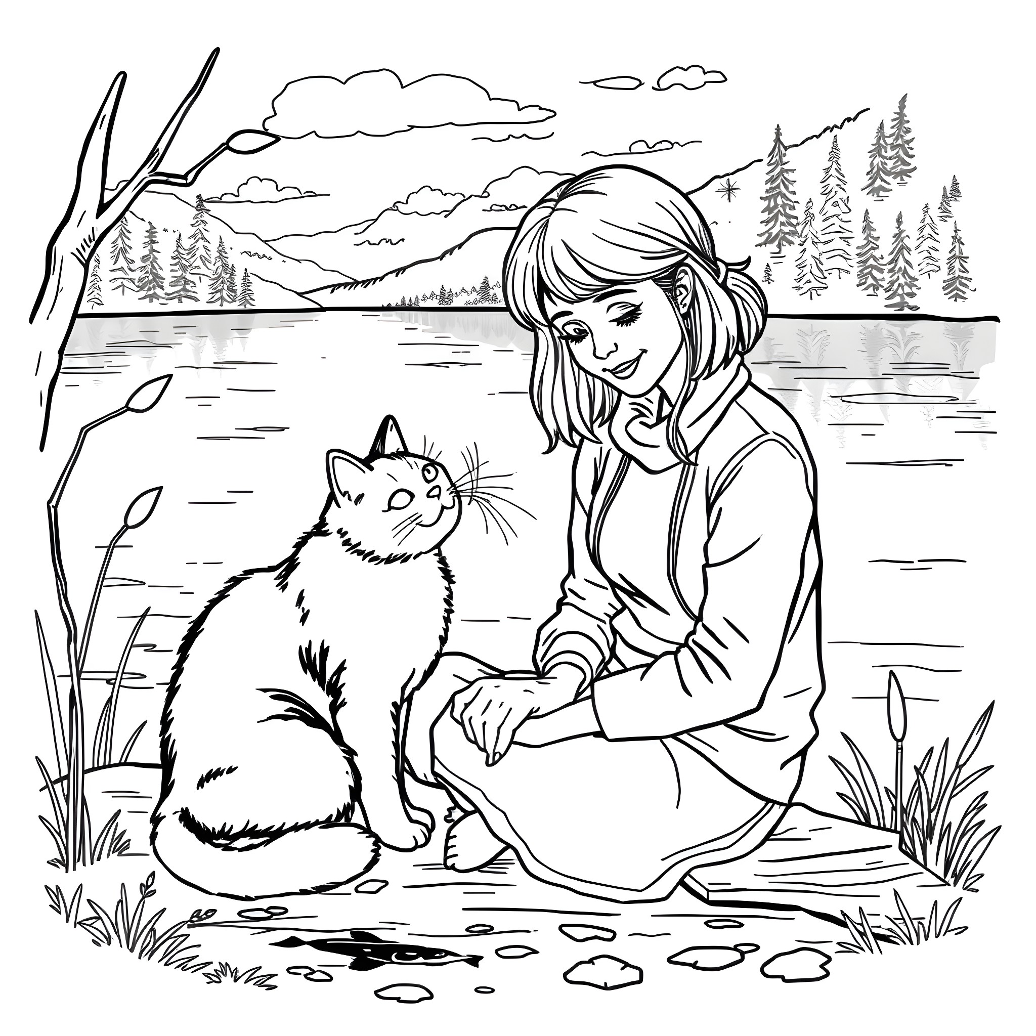 Cat and woman by the lake in nature Coloring Page (free black-and-white line drawing printable PDF for all, from beginners to advanced learners, including children, teens, adults, and seniors)