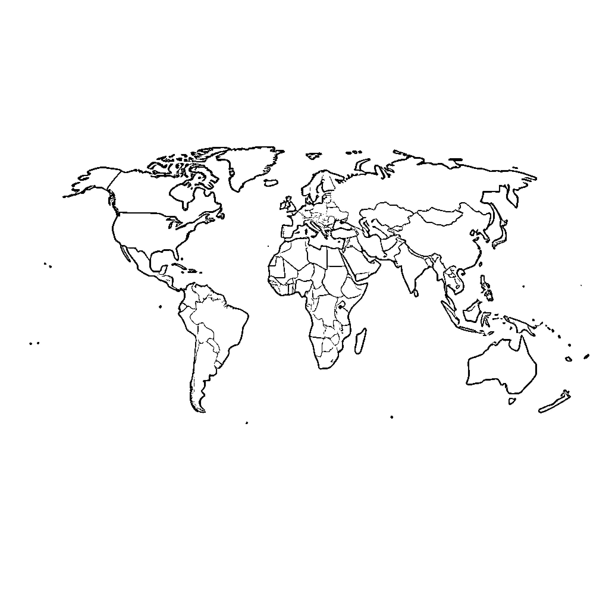 World Map with Outlined Continents and Countries Coloring Page (free black-and-white line drawing printable PDF for all, from beginners to advanced learners, including children, teens, adults, and seniors)