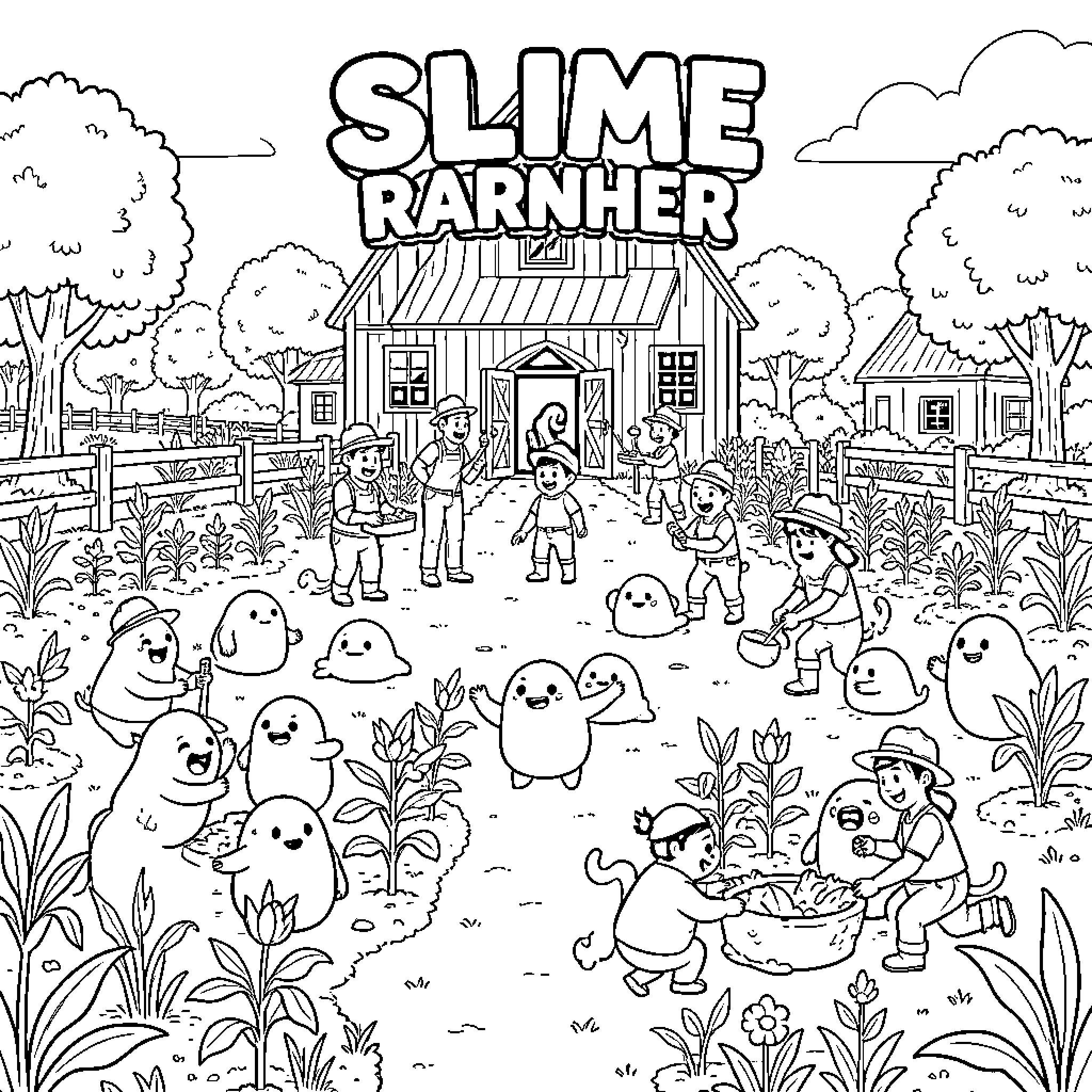 Slime characters working together in a farm garden Coloring Page (free black-and-white line drawing printable PDF for all, from beginners to advanced learners, including children, teens, adults, and seniors)