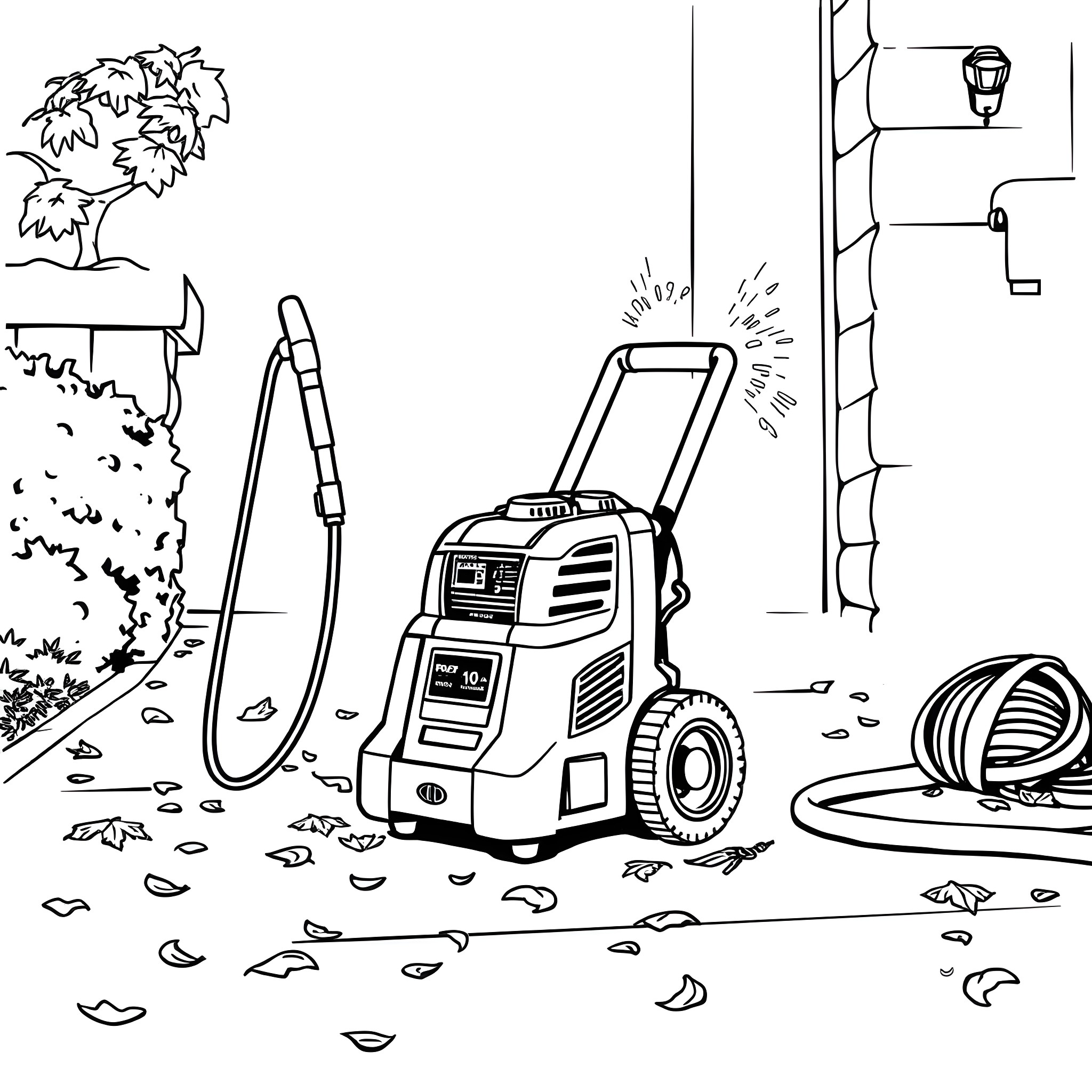 Power Washer Cleaning Outdoor Scene Coloring Page (free black-and-white line drawing printable PDF for all, from beginners to advanced learners, including children, teens, adults, and seniors)