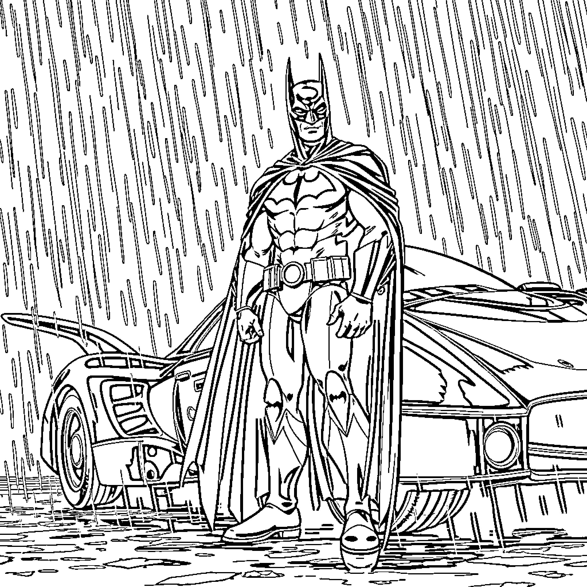 Batman heroically stands in the rain next to his iconic vehicle Coloring Page (free black-and-white line drawing printable PDF for all, from beginners to advanced learners, including children, teens, adults, and seniors)