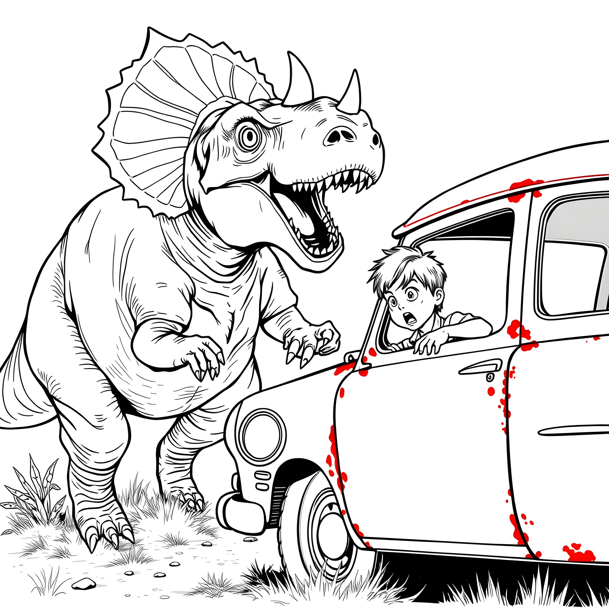 Triceratops terrifying driver in vintage car Coloring Page (free black-and-white line drawing printable PDF for all, from beginners to advanced learners, including children, teens, adults, and seniors)