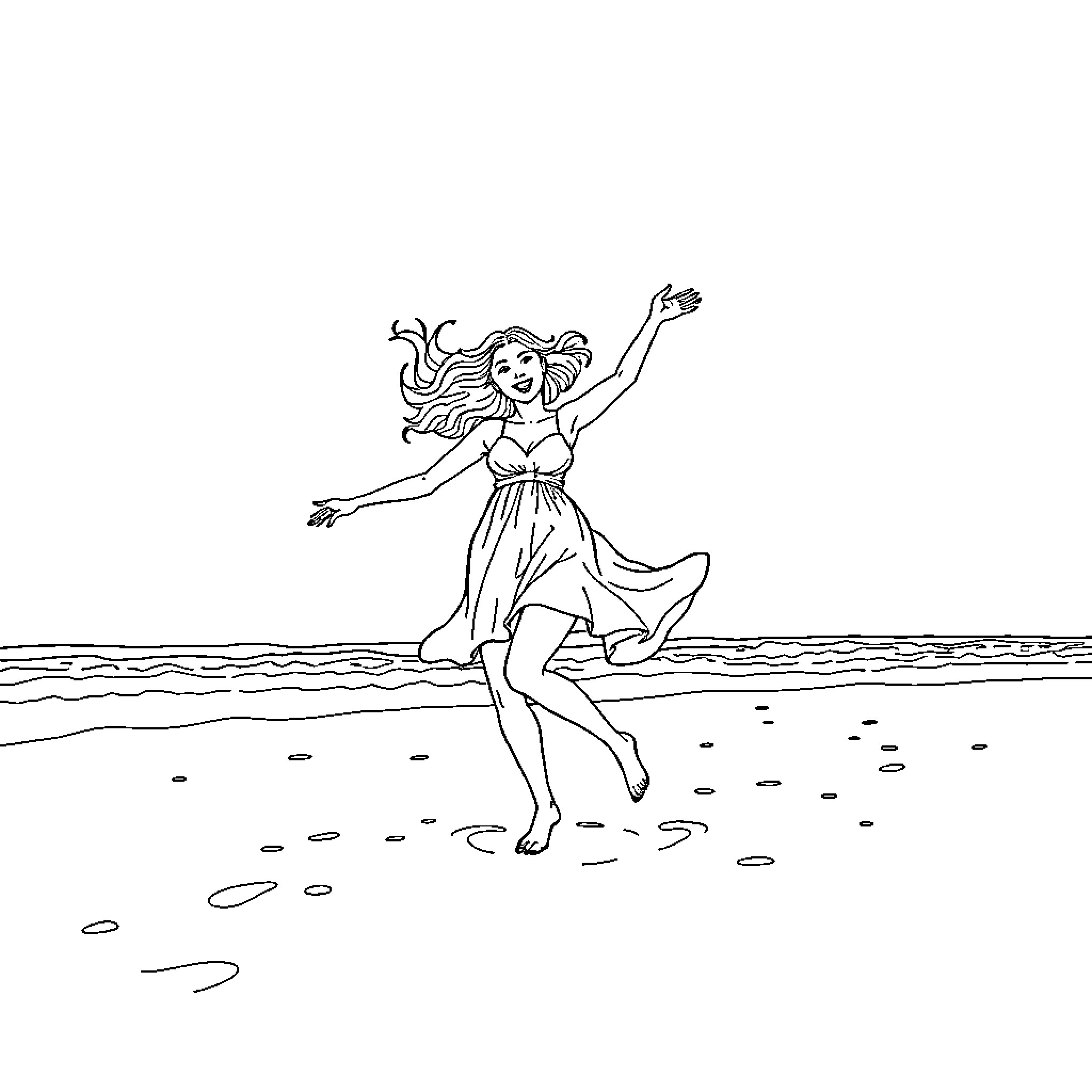 Wednesday Mermaid Dancing Happily on the Beach Coloring Page (free black-and-white line drawing printable PDF for all, from beginners to advanced learners, including children, teens, adults, and seniors)