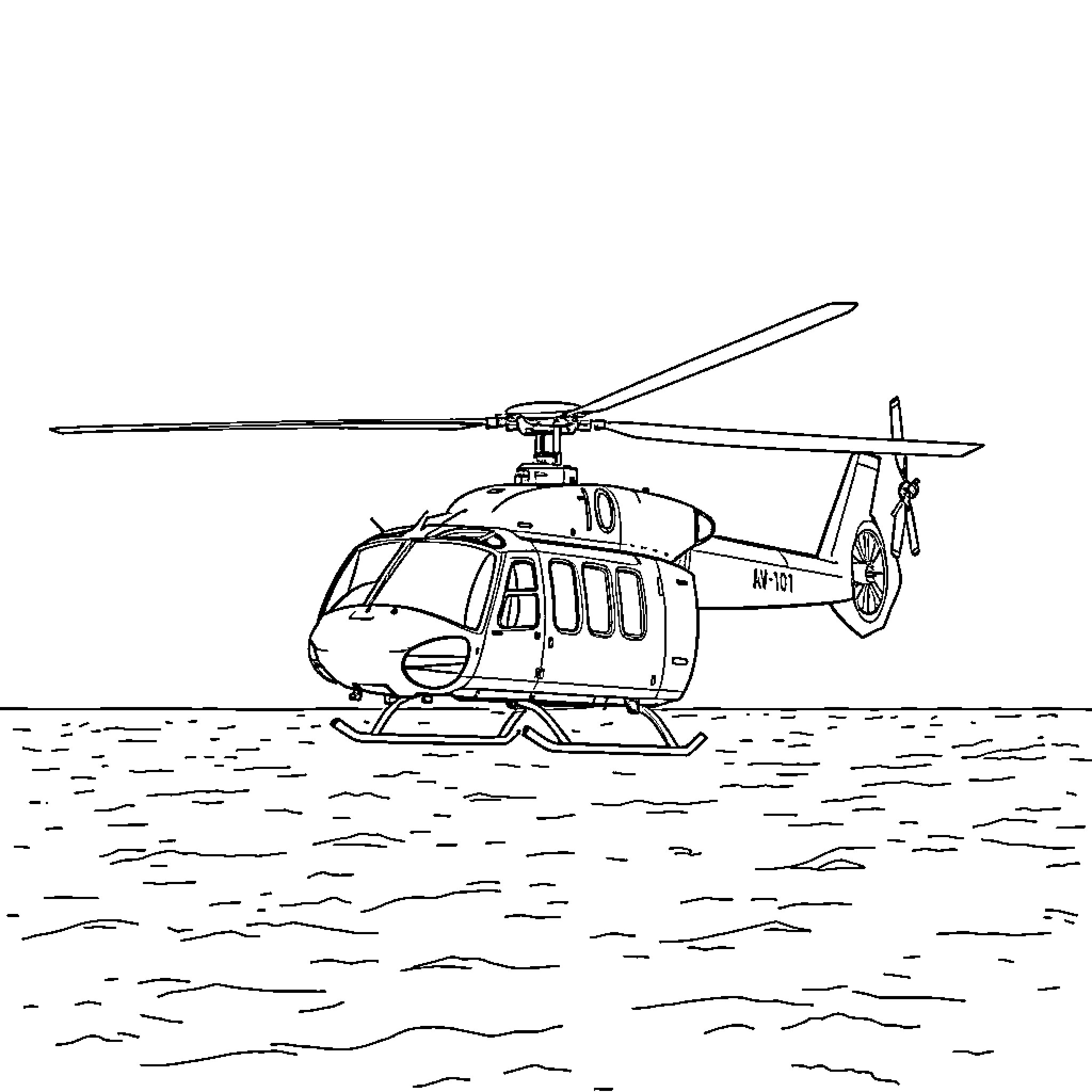AW-101 Helicopter in Flight over the Ocean Coloring Page (free black-and-white line drawing printable PDF for all, from beginners to advanced learners, including children, teens, adults, and seniors)