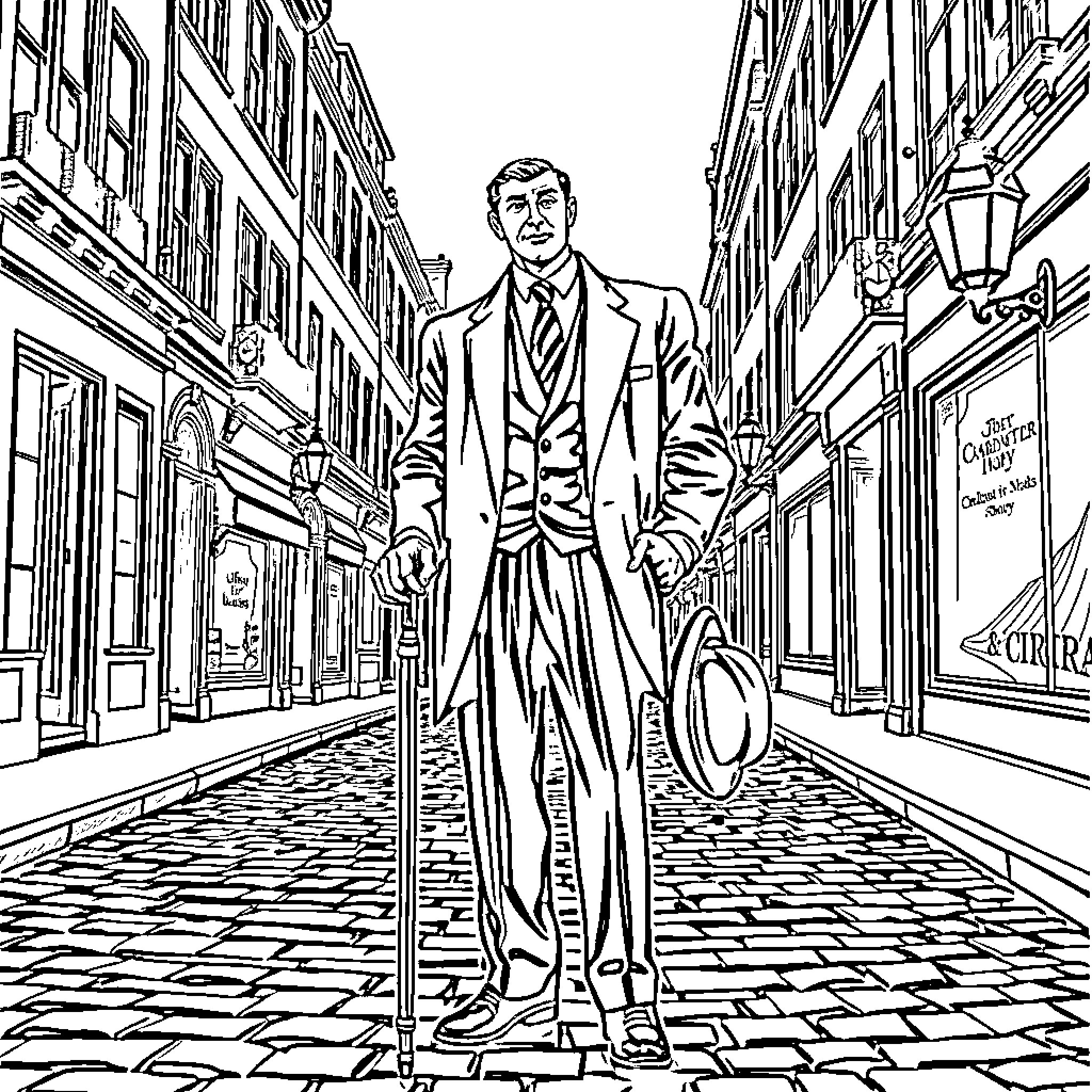 Man Strolling Down Cobblestone Street in Formal Attire Coloring Page (free black-and-white line drawing printable PDF for all, from beginners to advanced learners, including children, teens, adults, and seniors)