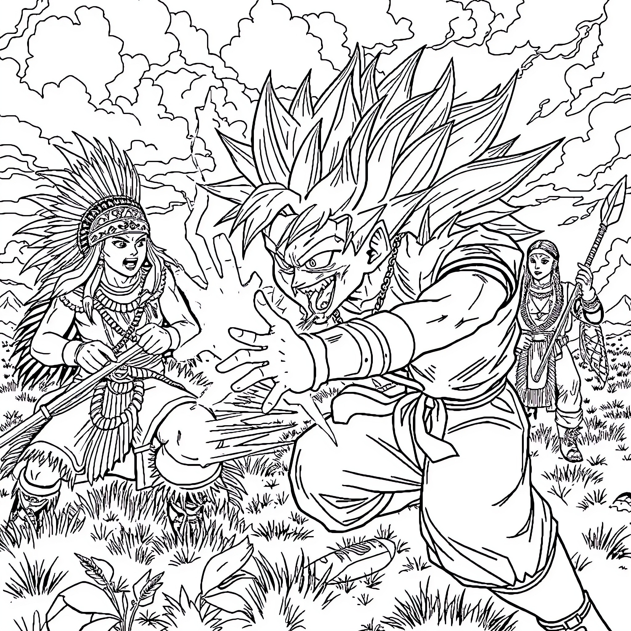 Dragonball Z: Epic Battle in the Wilderness Coloring Page (free black-and-white line drawing printable PDF for all, from beginners to advanced learners, including children, teens, adults, and seniors)