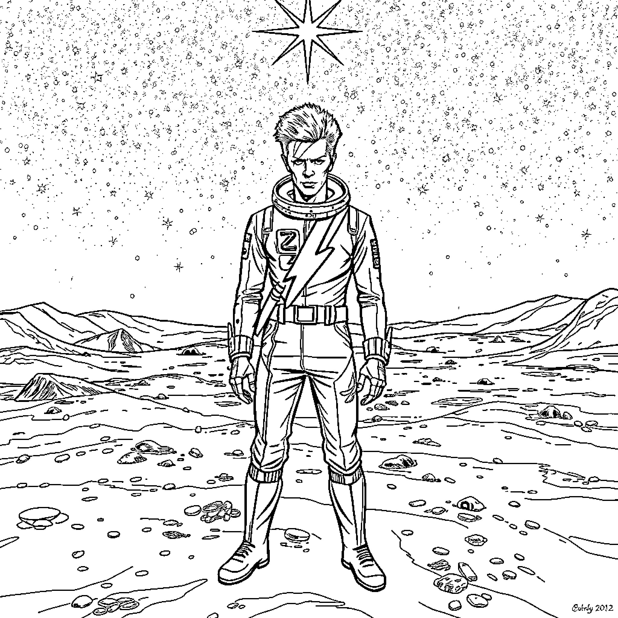 David Bowie as an Astronaut on an Alien Planet Coloring Page (free black-and-white line drawing printable PDF for all, from beginners to advanced learners, including children, teens, adults, and seniors)