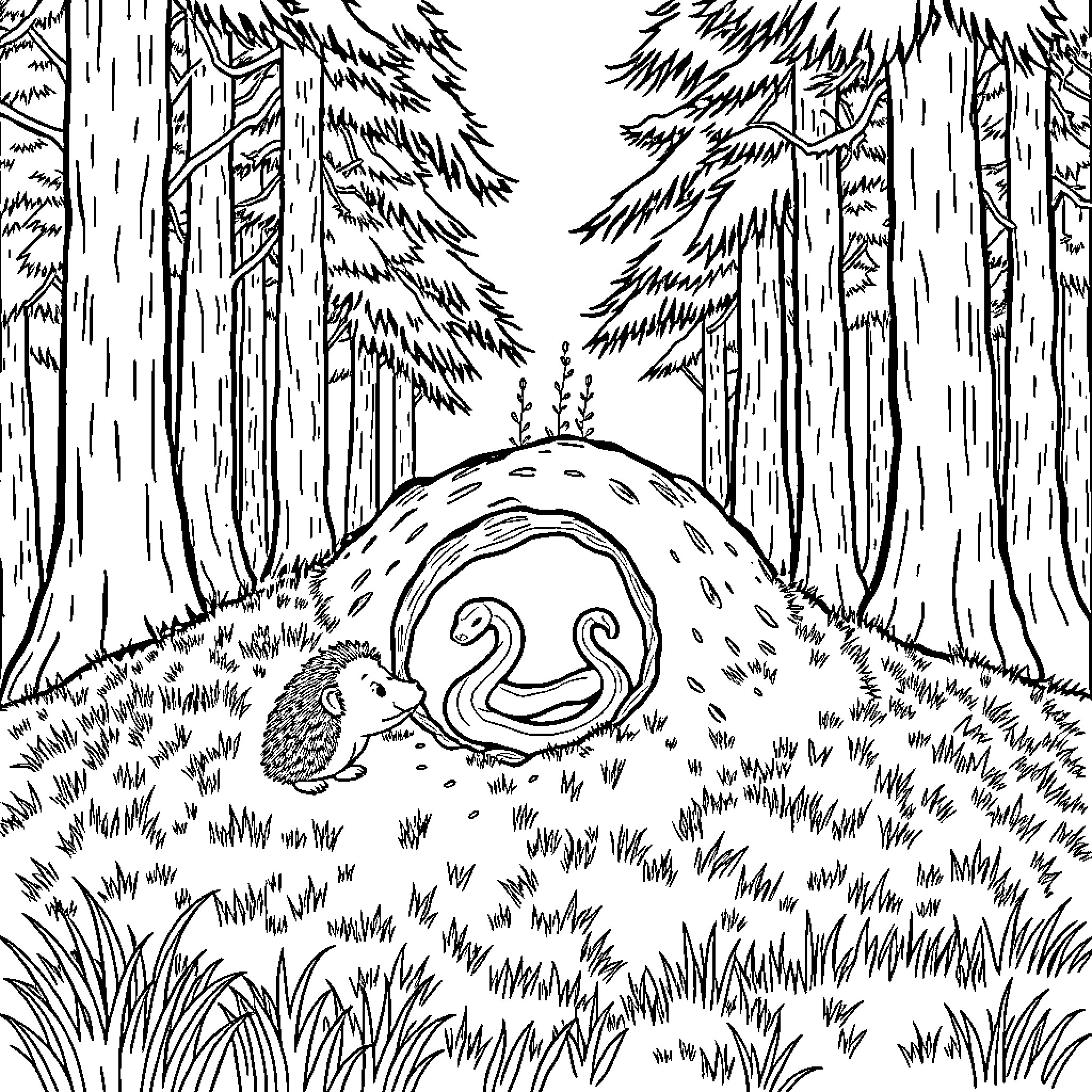 Hedgehog exploring the enchanted forest Coloring Page (free black-and-white line drawing printable PDF for all, from beginners to advanced learners, including children, teens, adults, and seniors)
