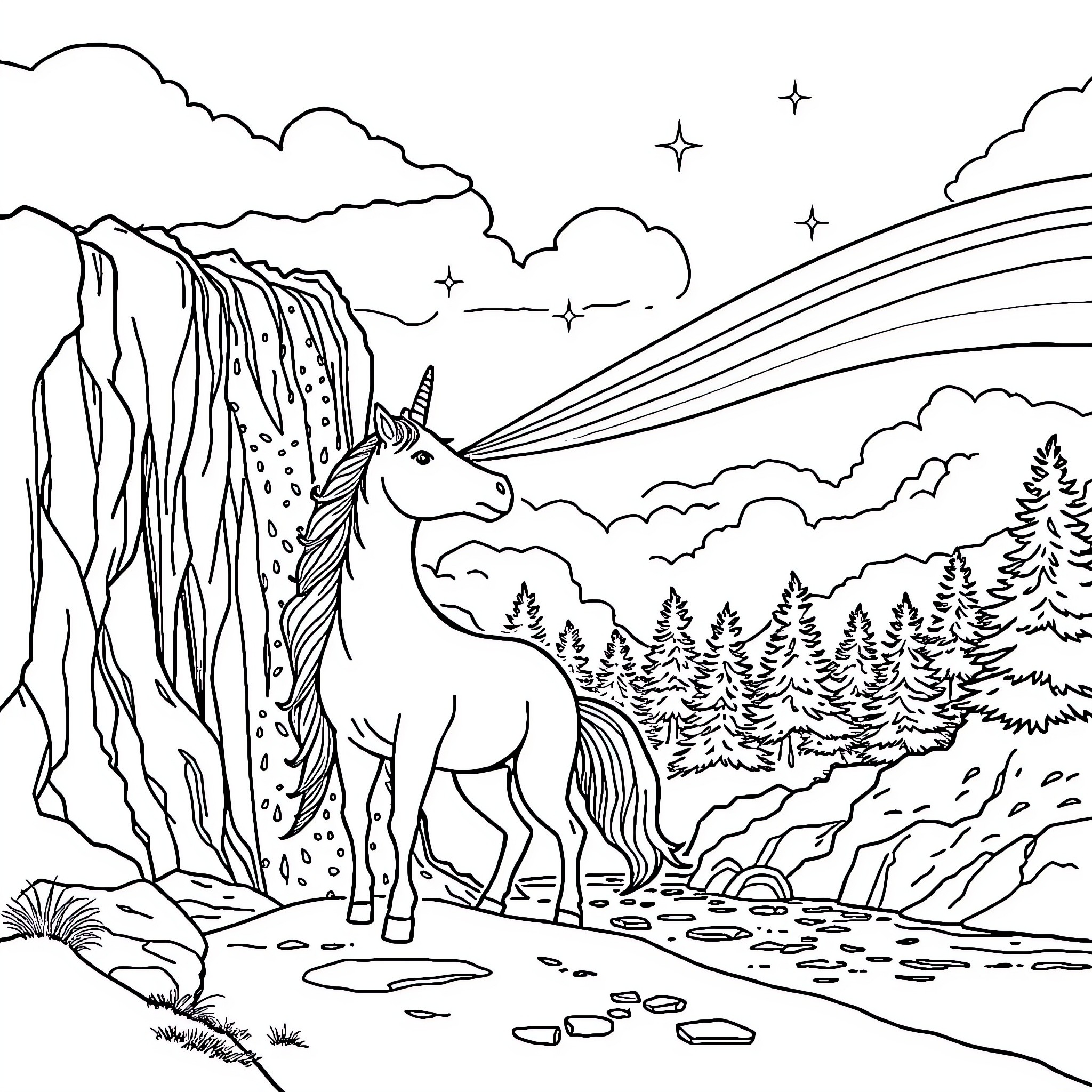 Unicorn in a Magical Landscape Coloring Page (free black-and-white line drawing printable PDF for all, from beginners to advanced learners, including children, teens, adults, and seniors)