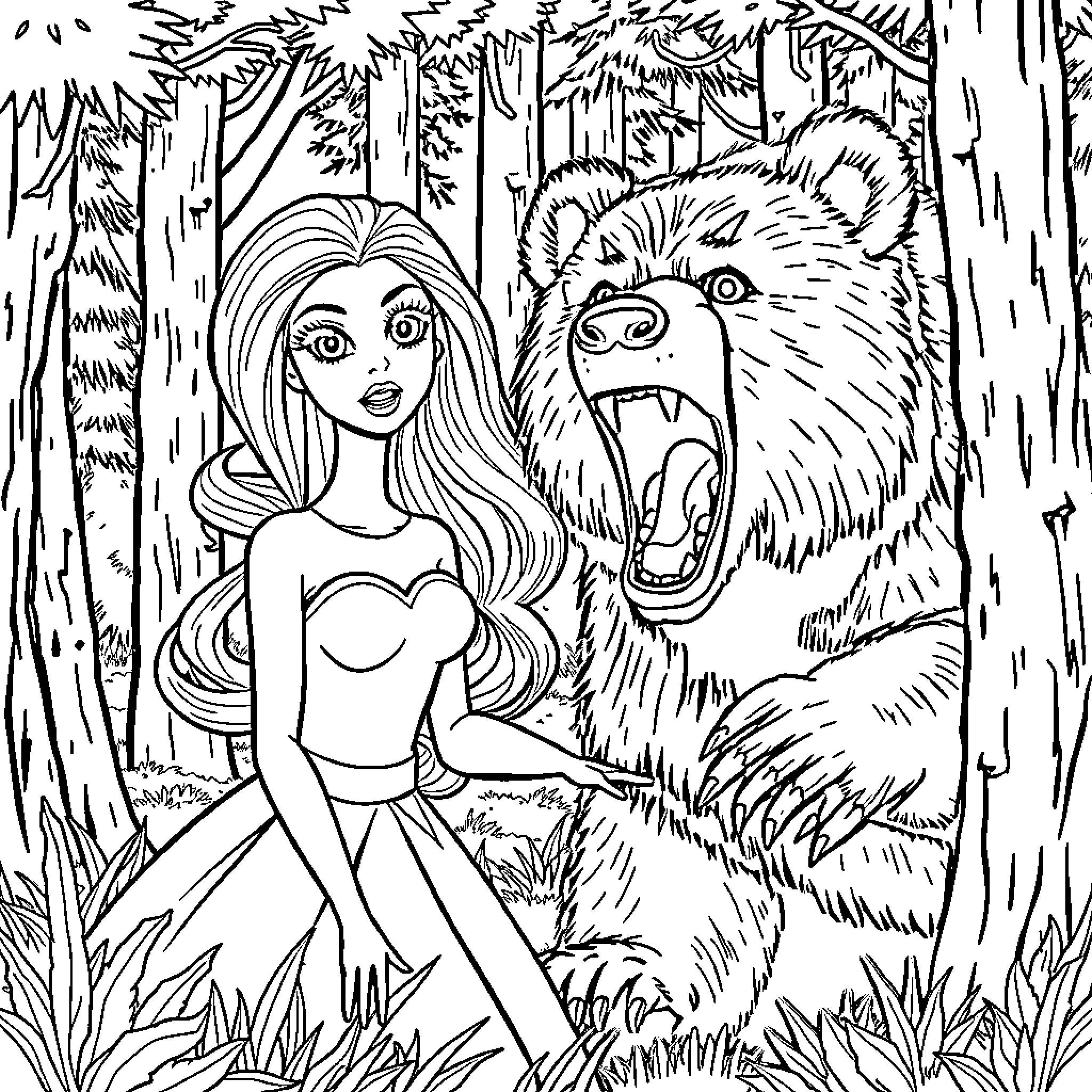 Barbie in the Enchanted Forest with a Fearsome Bear Coloring Page (free black-and-white line drawing printable PDF for all, from beginners to advanced learners, including children, teens, adults, and seniors)