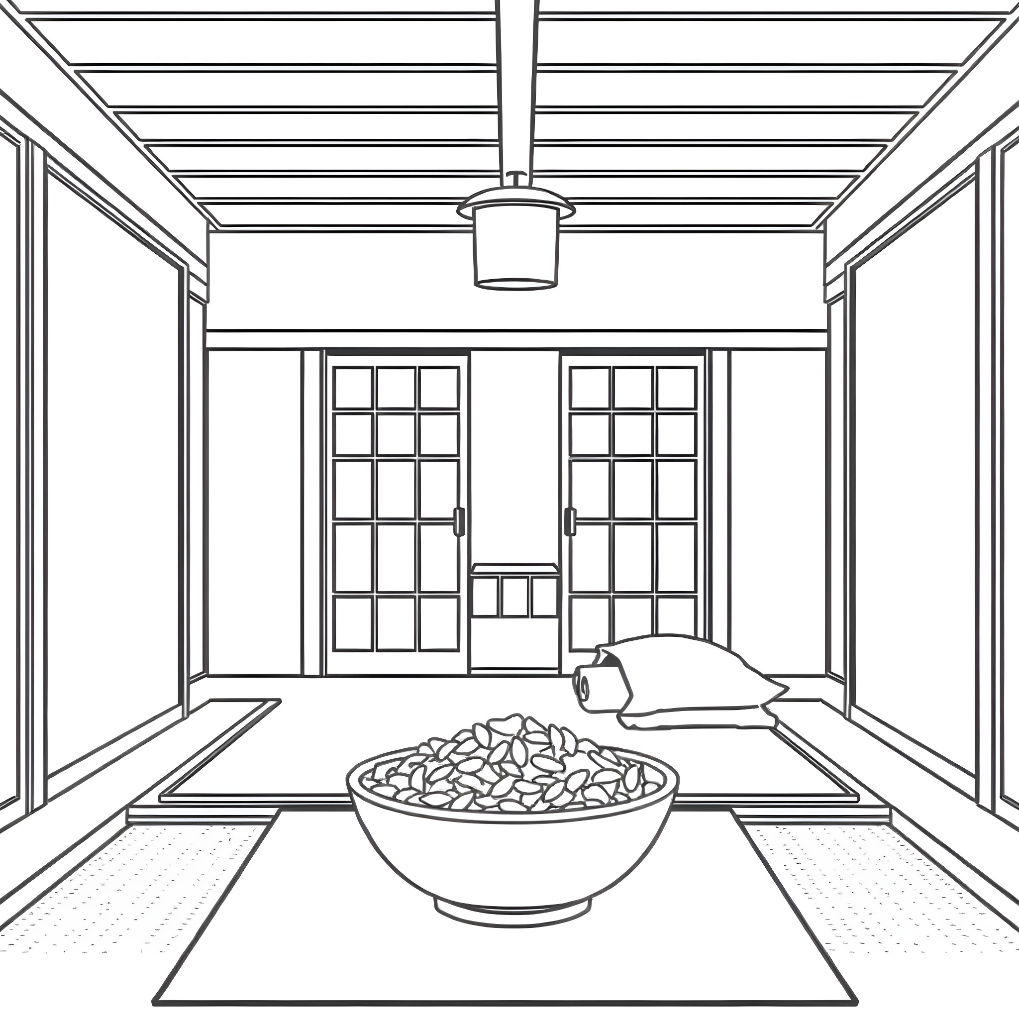 Japanese House with Zen Garden Interiors Coloring Page (free black-and-white line drawing printable PDF for all, from beginners to advanced learners, including children, teens, adults, and seniors)