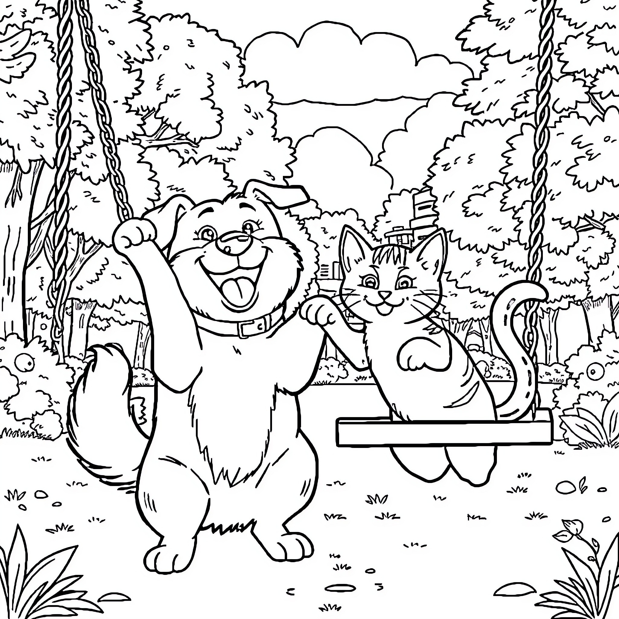 Dog and cats playing happily on swings in the park Coloring Page (free black-and-white line drawing printable PDF for all, from beginners to advanced learners, including children, teens, adults, and seniors)