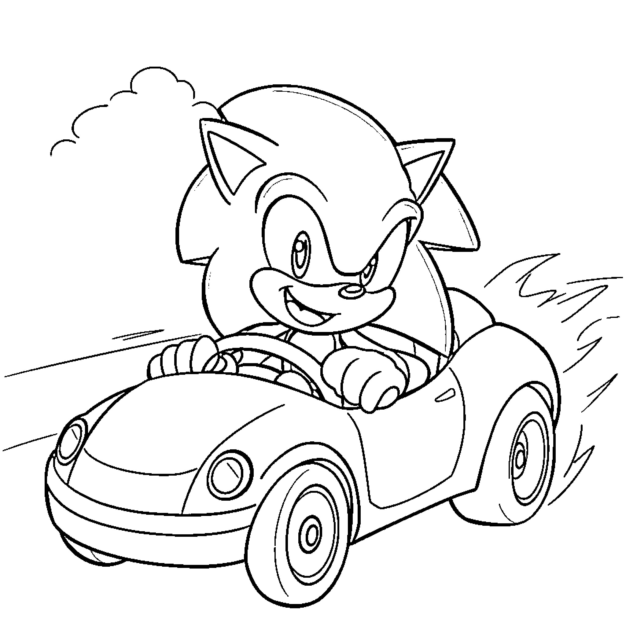 Sonic driving a playful car Coloring Page (free black-and-white line drawing printable PDF for all, from beginners to advanced learners, including children, teens, adults, and seniors)