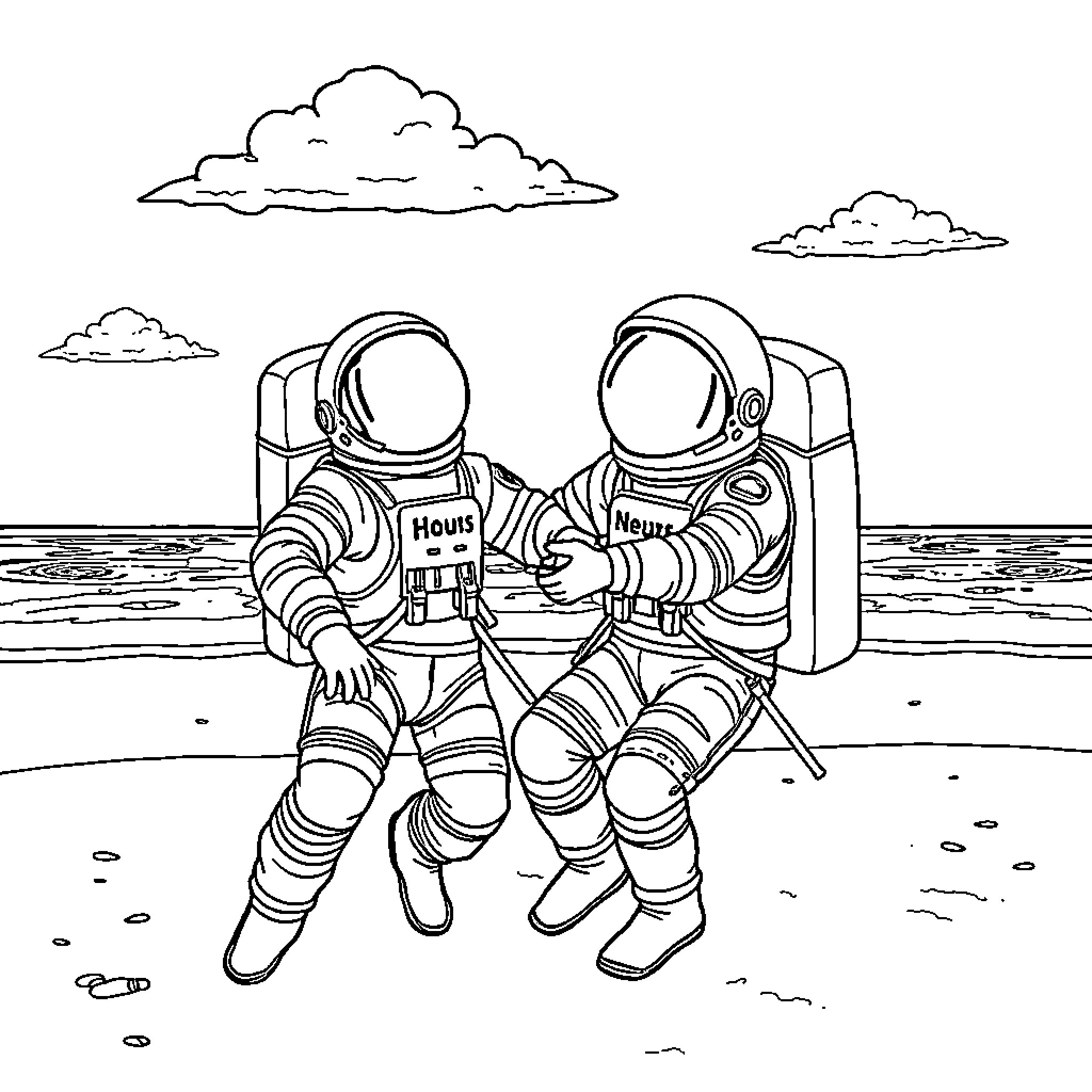 Astronauts exploring the lunar surface together Coloring Page (free black-and-white line drawing printable PDF for all, from beginners to advanced learners, including children, teens, adults, and seniors)