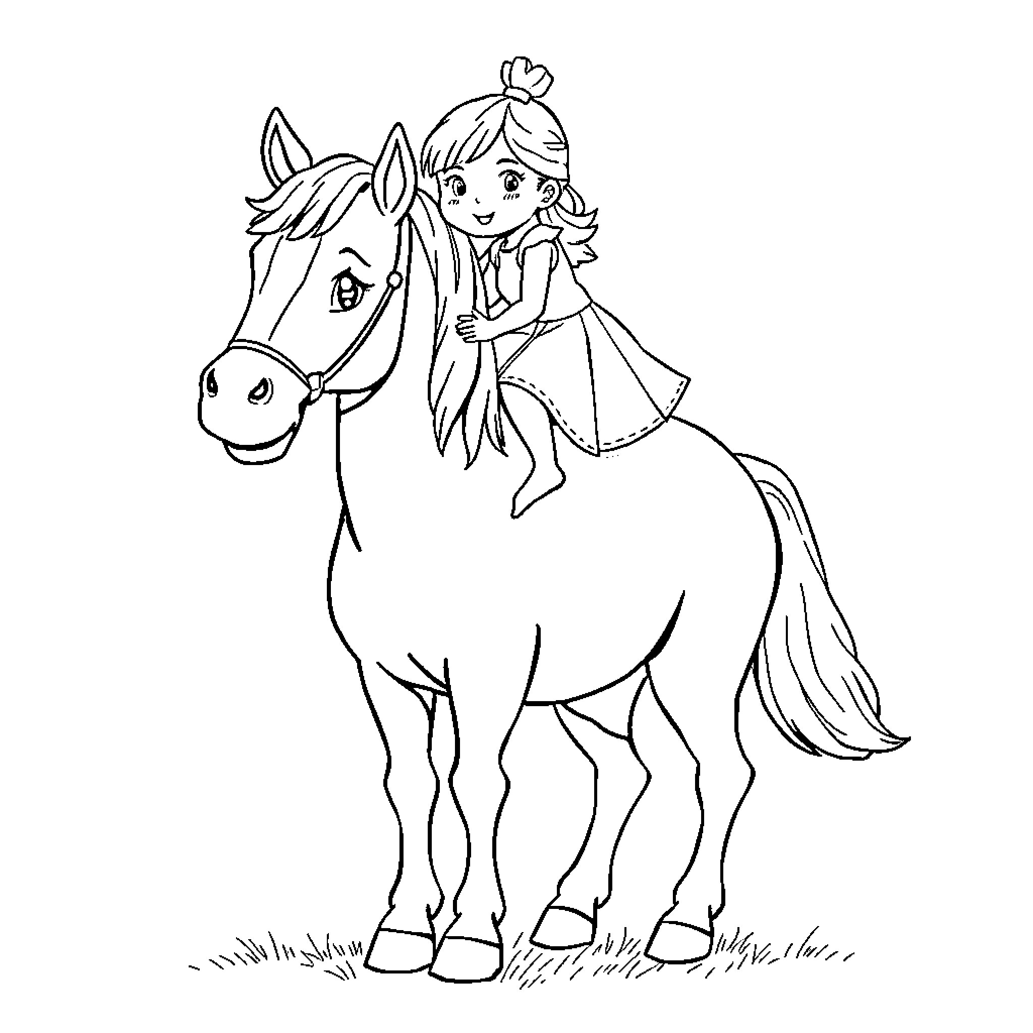 Horse and girl in elegant dress riding together Coloring Page (free black-and-white line drawing printable PDF for all, from beginners to advanced learners, including children, teens, adults, and seniors)