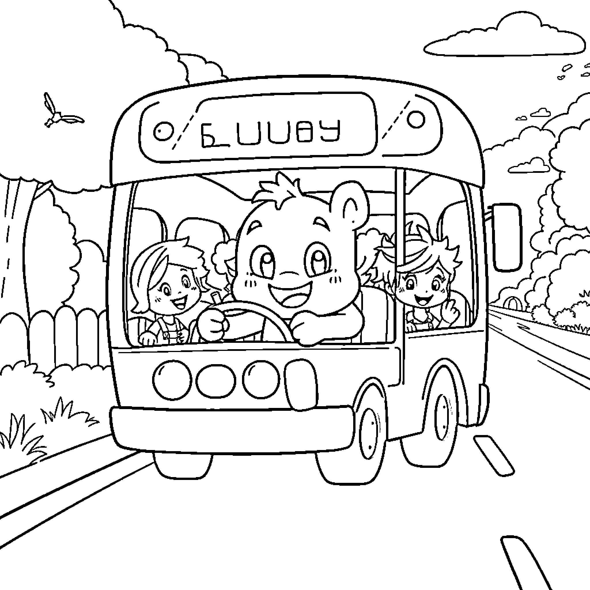 Bluey's bus adventure with friends Coloring Page (free black-and-white line drawing printable PDF for all, from beginners to advanced learners, including children, teens, adults, and seniors)